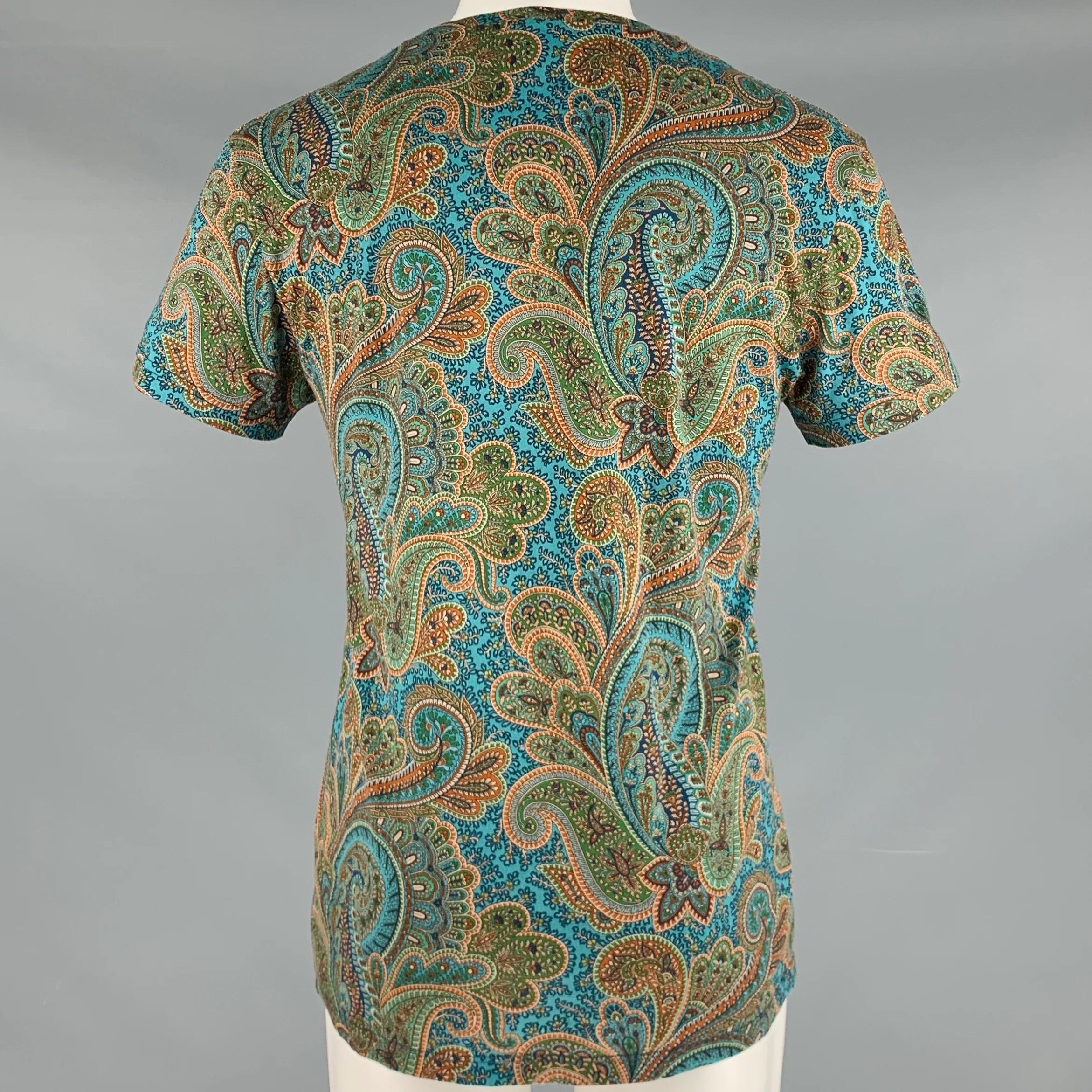 ETRO Size S Blue Orange Paisley Cotton Crew Neck T-shirt - Image 4