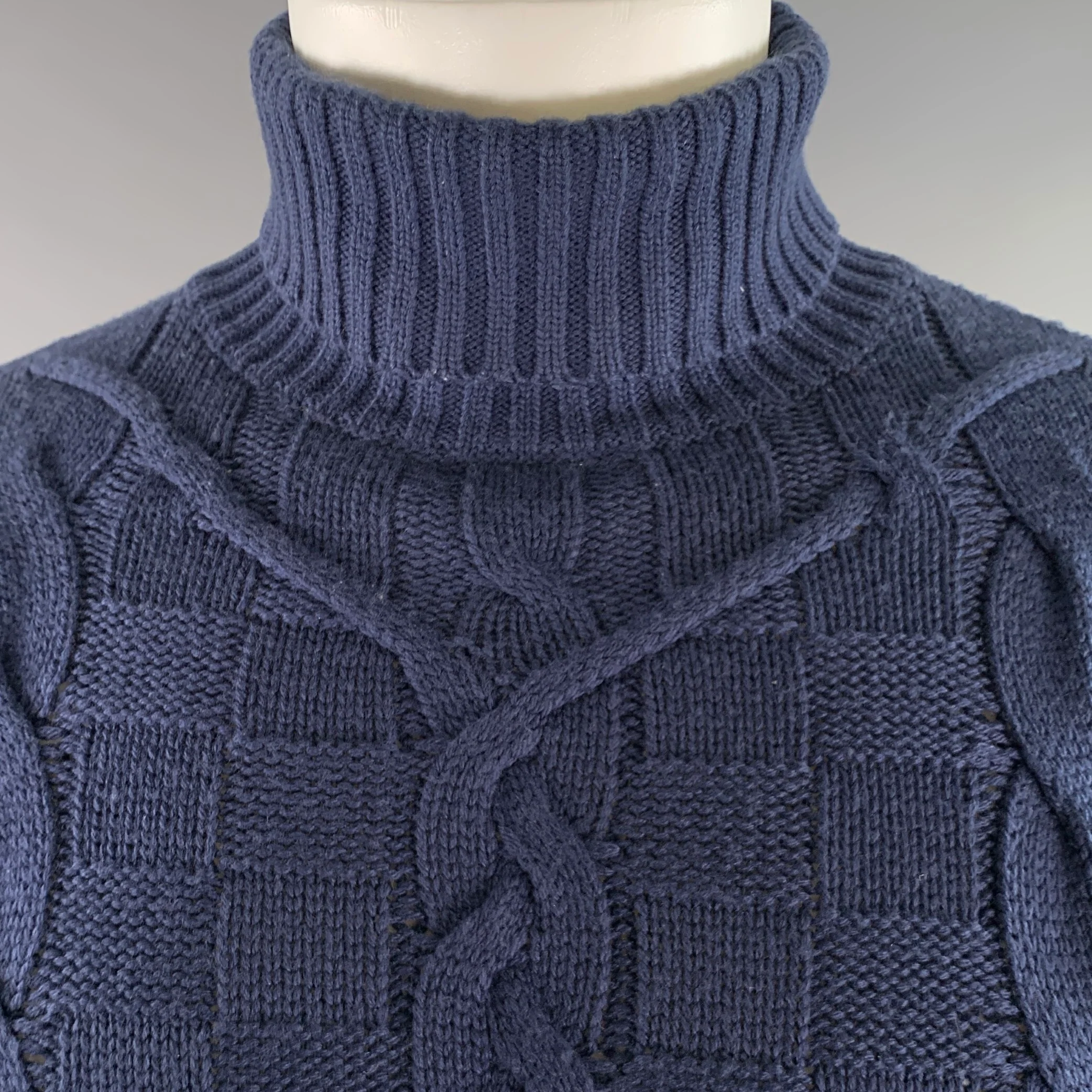 ETRO Size S Navy Cable Knit Wool Blend Turtleneck Sweater - Image 2