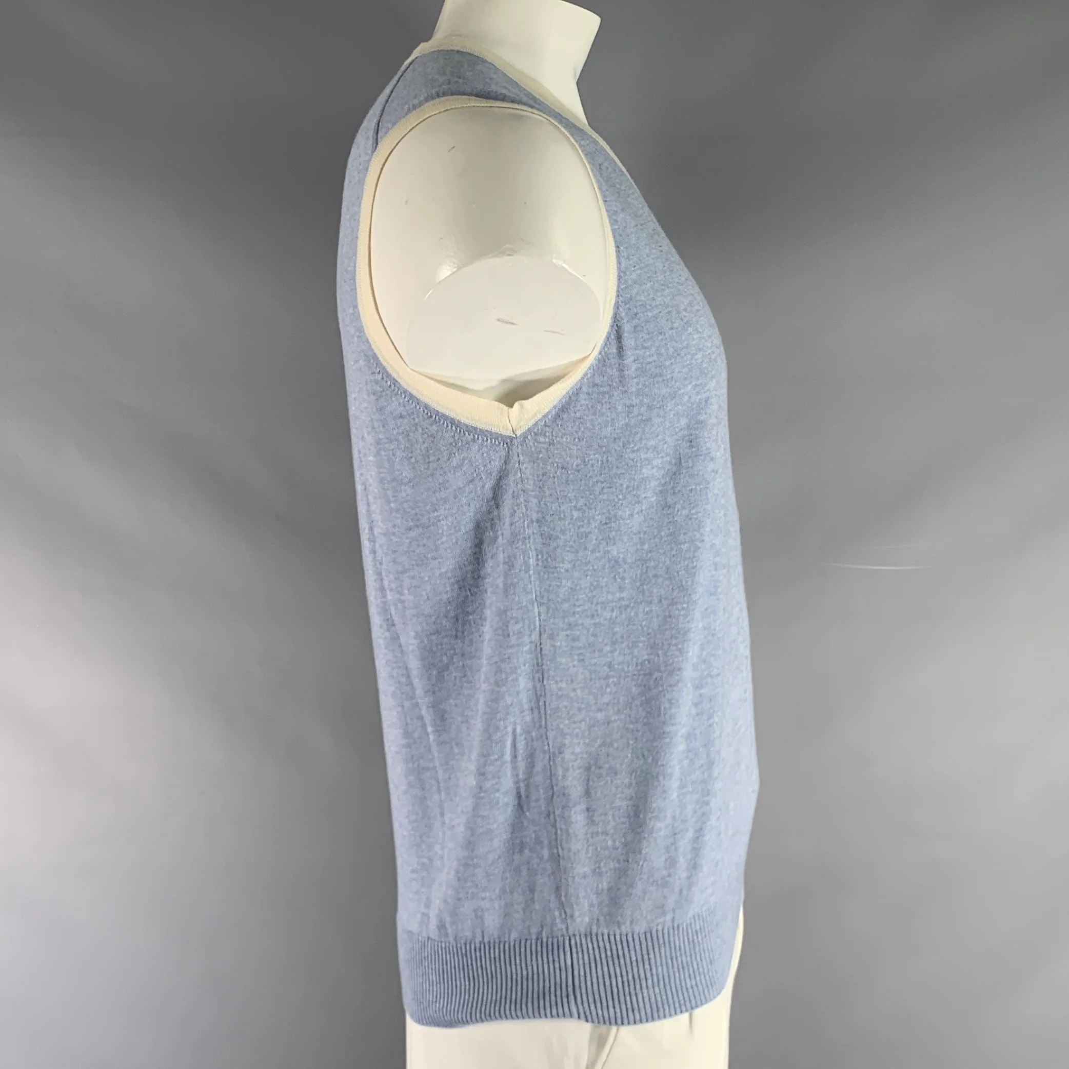 ETRO Size XL Blue White Knitted Cotton Cashmere V-Neck Vest - Image 2