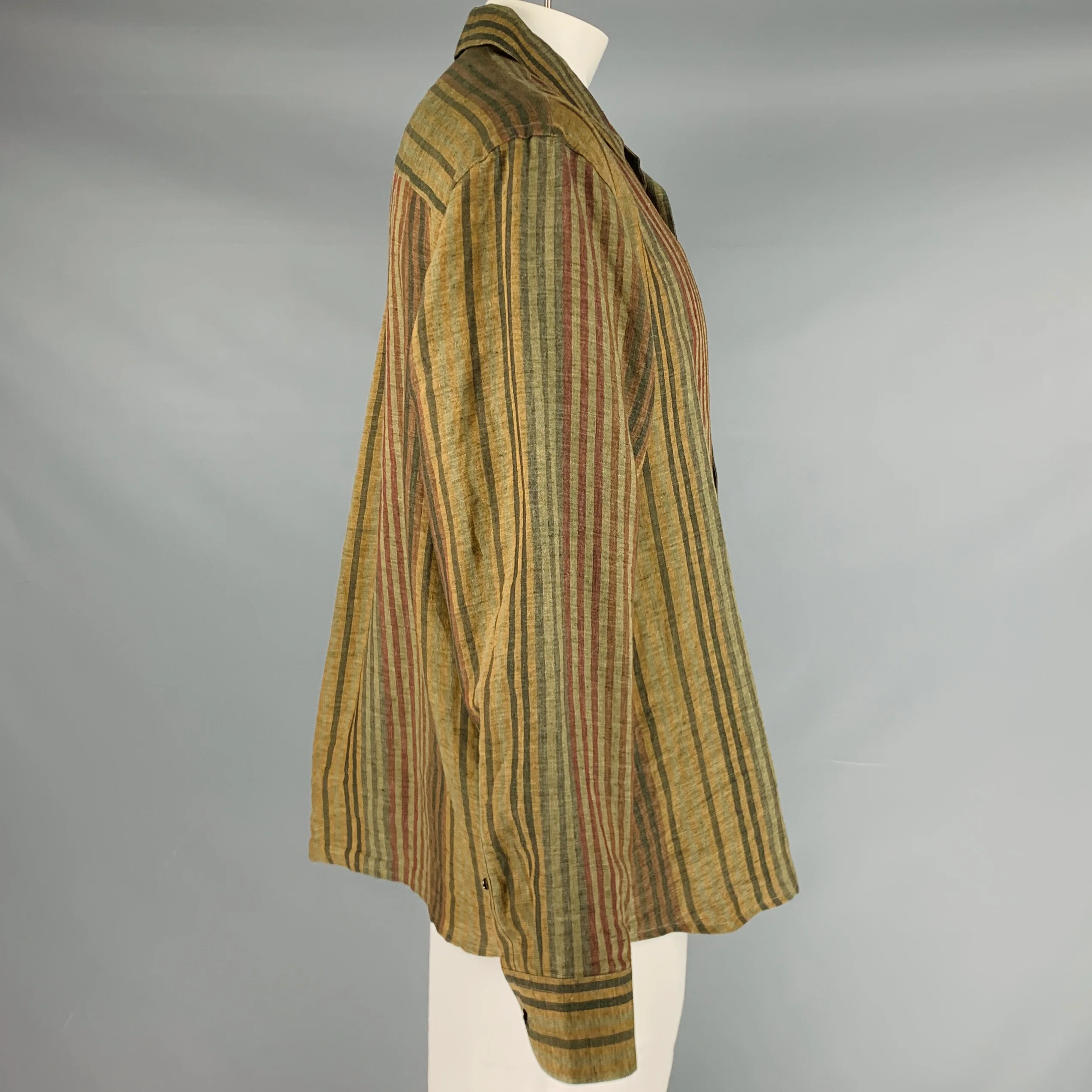 ETRO Size XL Burgundy Green Stripe Linen Oversized Long Sleeve Shirt - Image 3