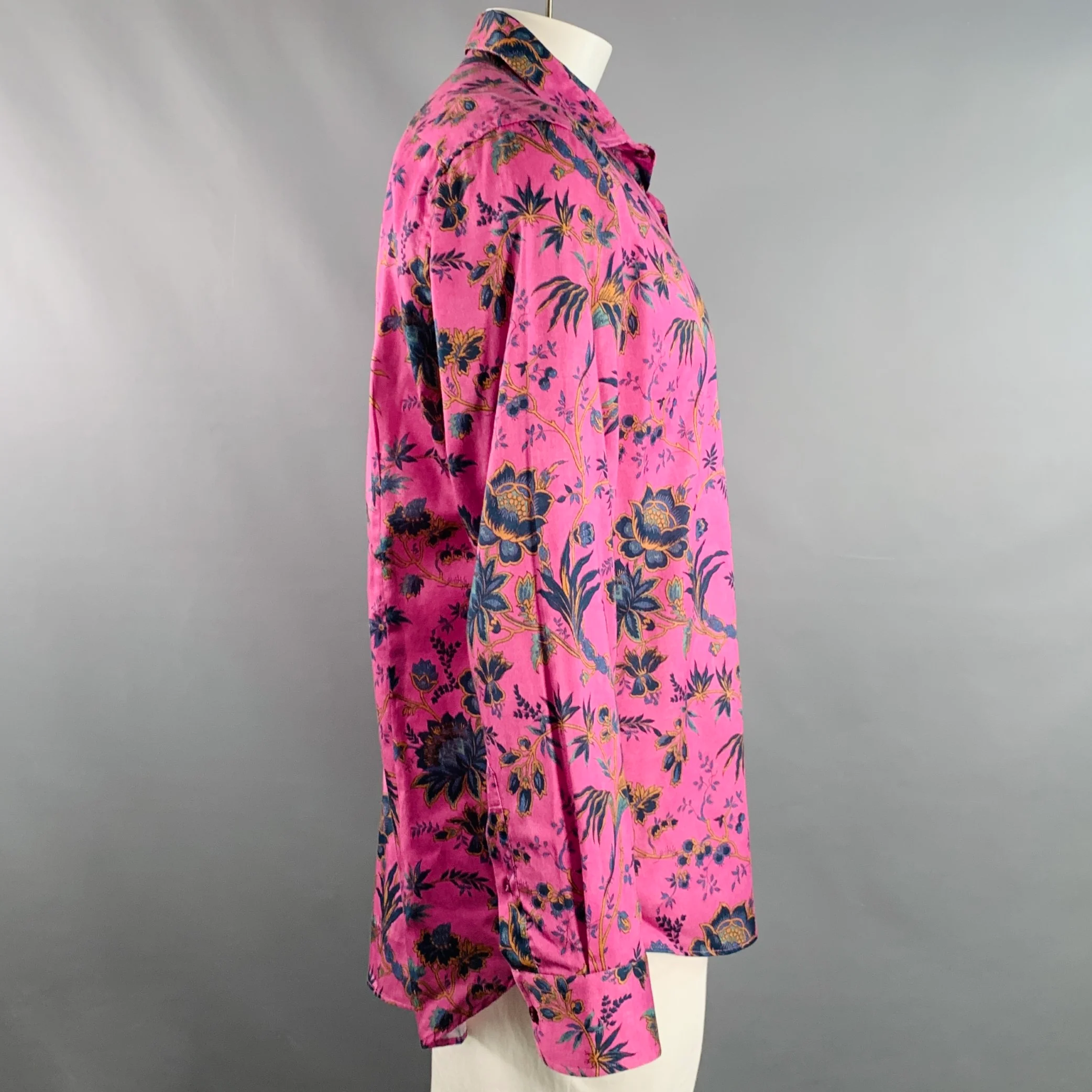 ETRO Size XL Magenta Orange Green Floral Cotton Button Up Long Sleeve Shirt - Image 3