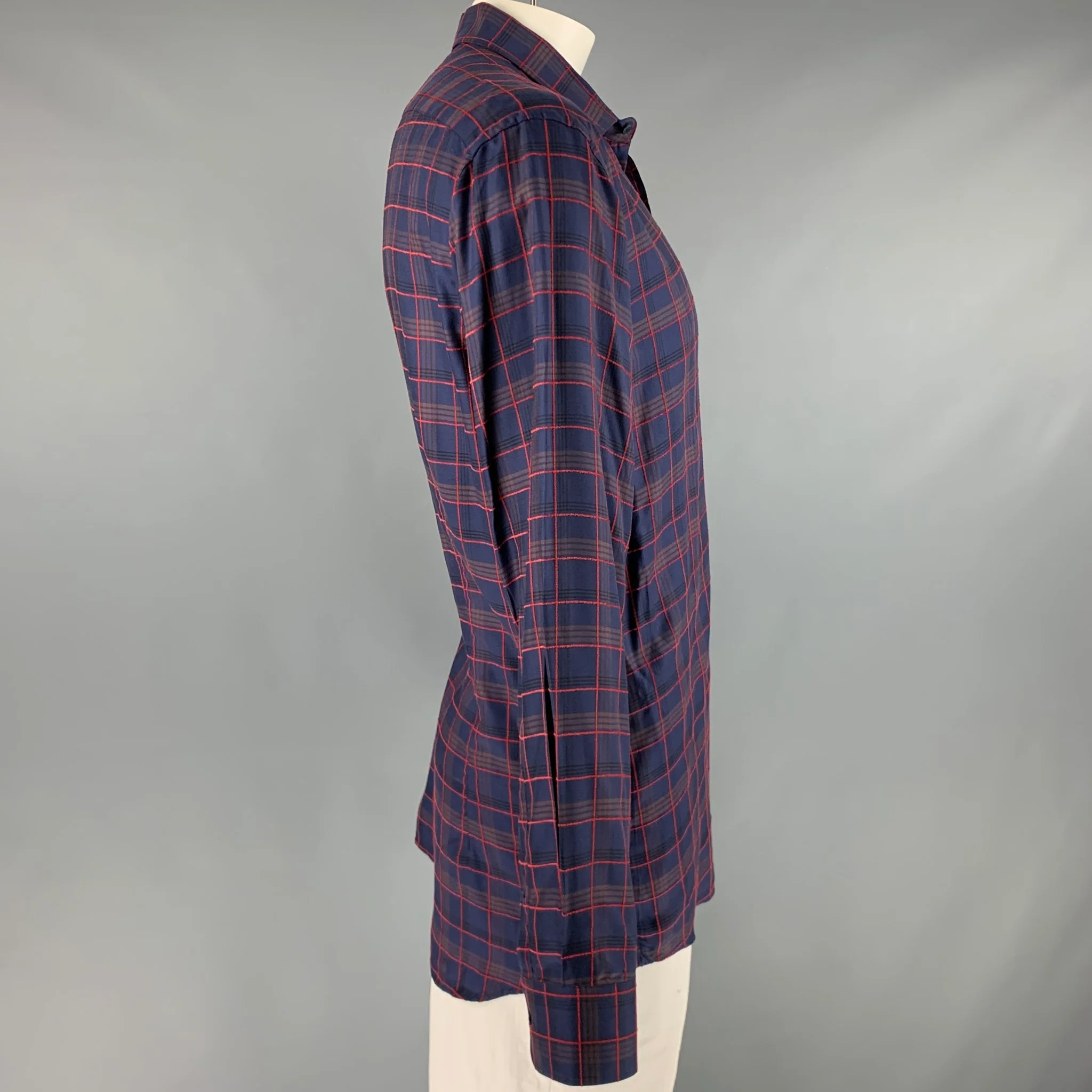 ETRO Size XL Navy Red Plaid Lyocel Cotton Button Up Long Sleeve Shirt - Image 3