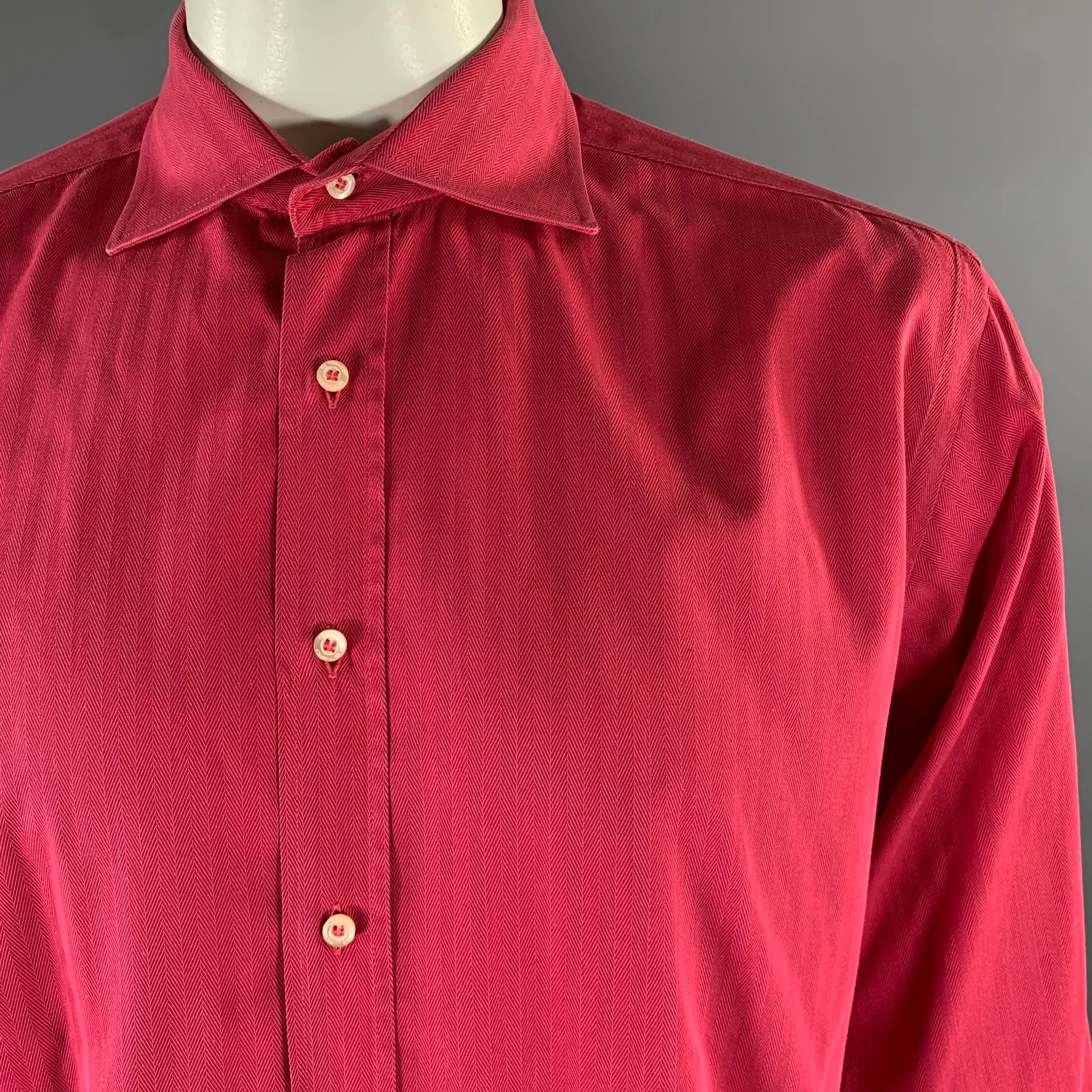 ETRO Size XL Red Magenta Herringbone Spread Collar Long Sleeve Shirt - Image 2