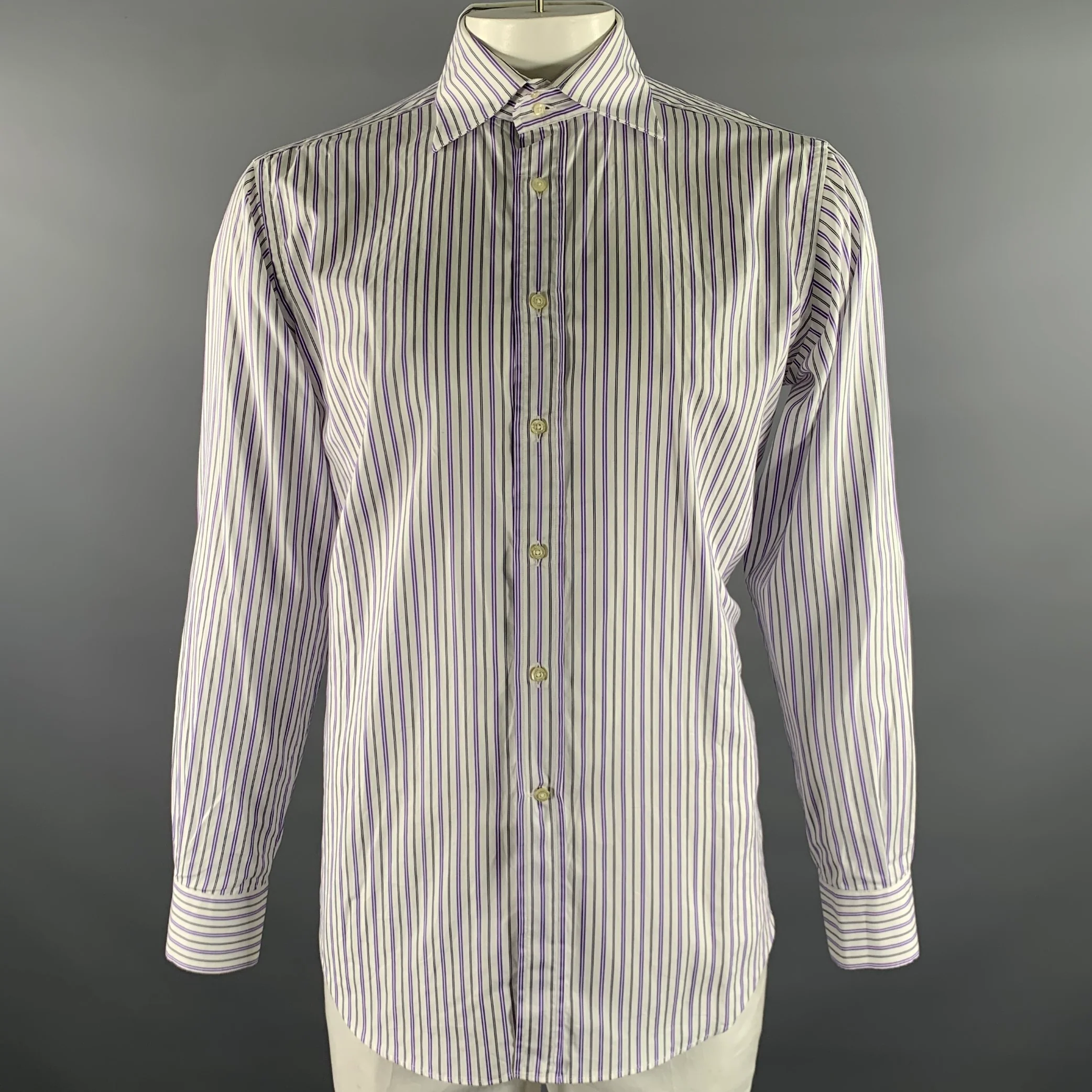 ETRO Size XL White Purple Navy Stripe Cotton Long Sleeve Shirt