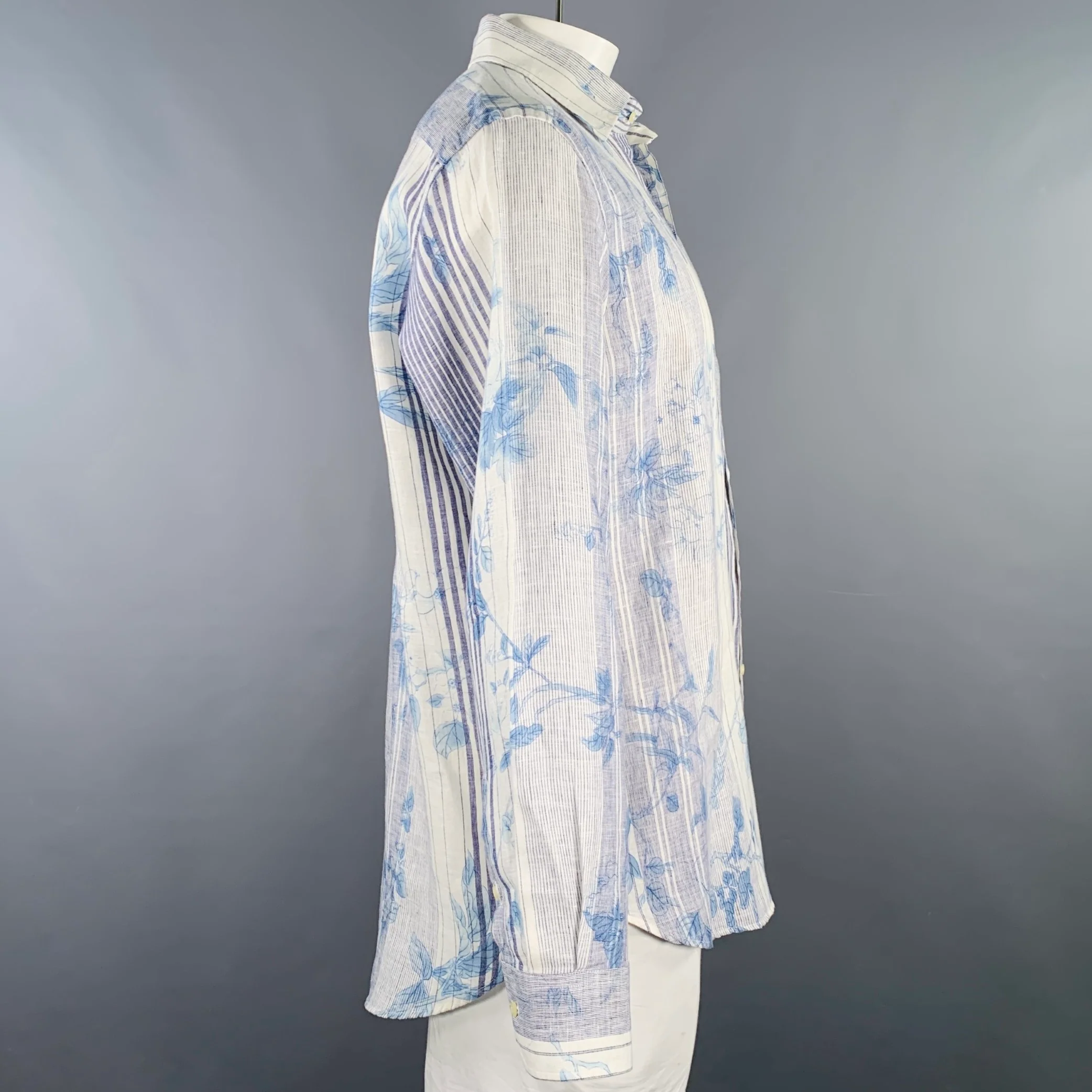 ETRO Size XXL White Blue Floral Linen Curved Cutaway Long Sleeve Shirt - Image 3
