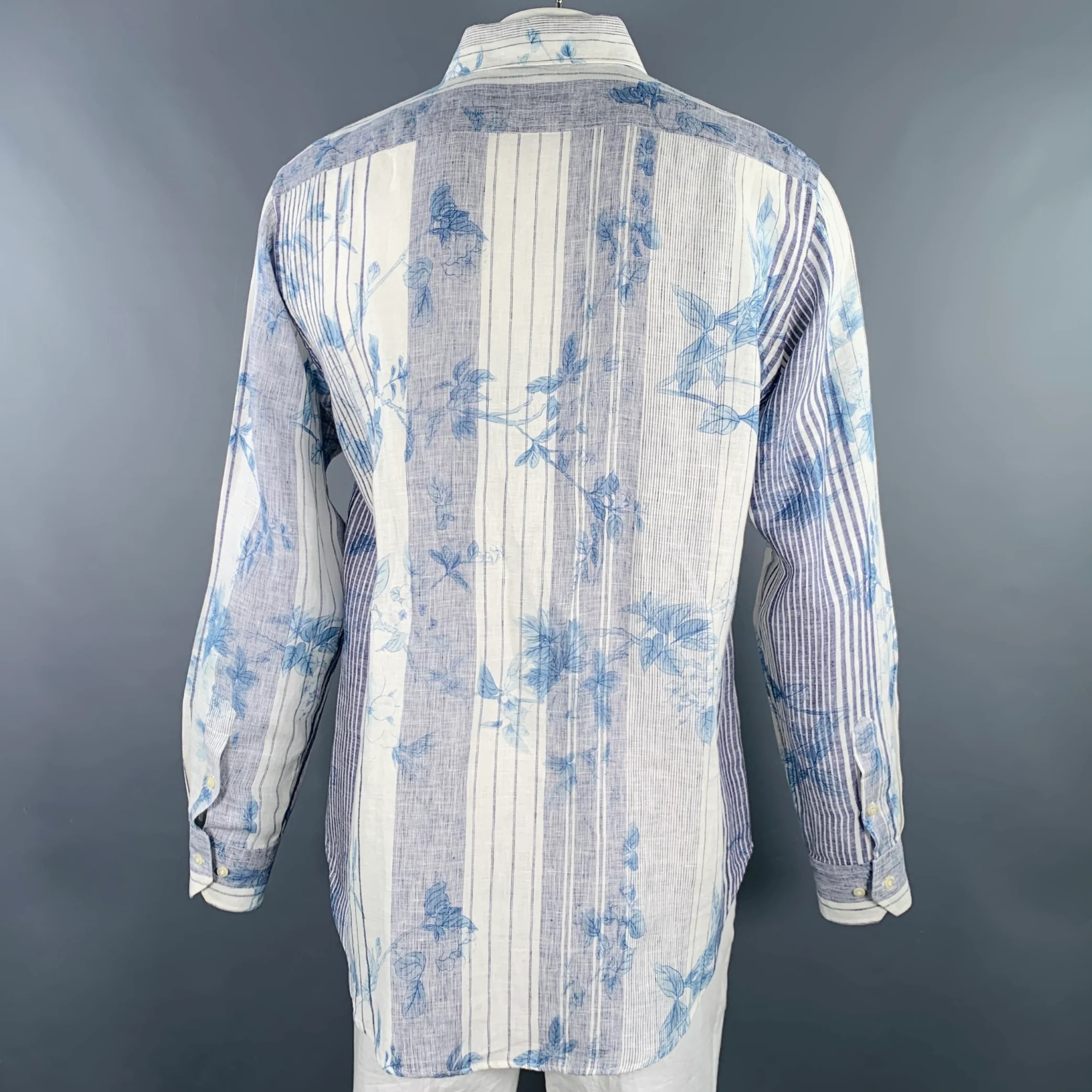 ETRO Size XXL White Blue Floral Linen Curved Cutaway Long Sleeve Shirt - Image 4