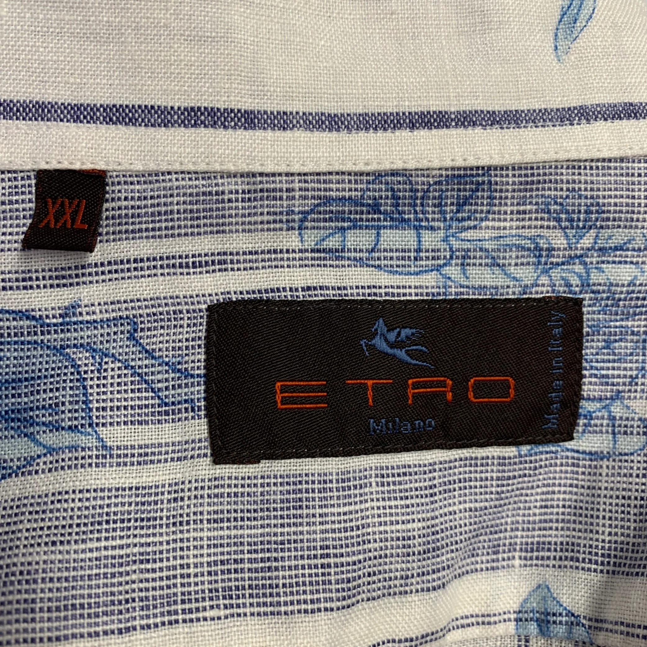 ETRO Size XXL White Blue Floral Linen Curved Cutaway Long Sleeve Shirt - Image 5