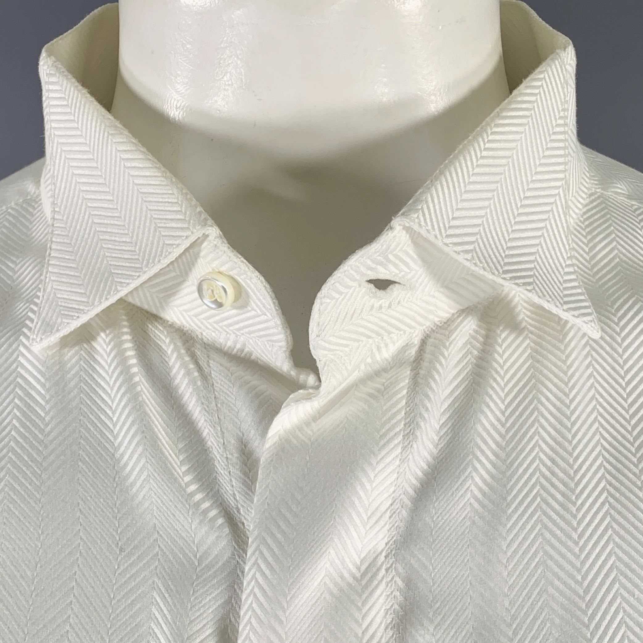 ETRO Size XXL White Herringbone Cotton Tuxedo Long Sleeve Shirt - Image 2