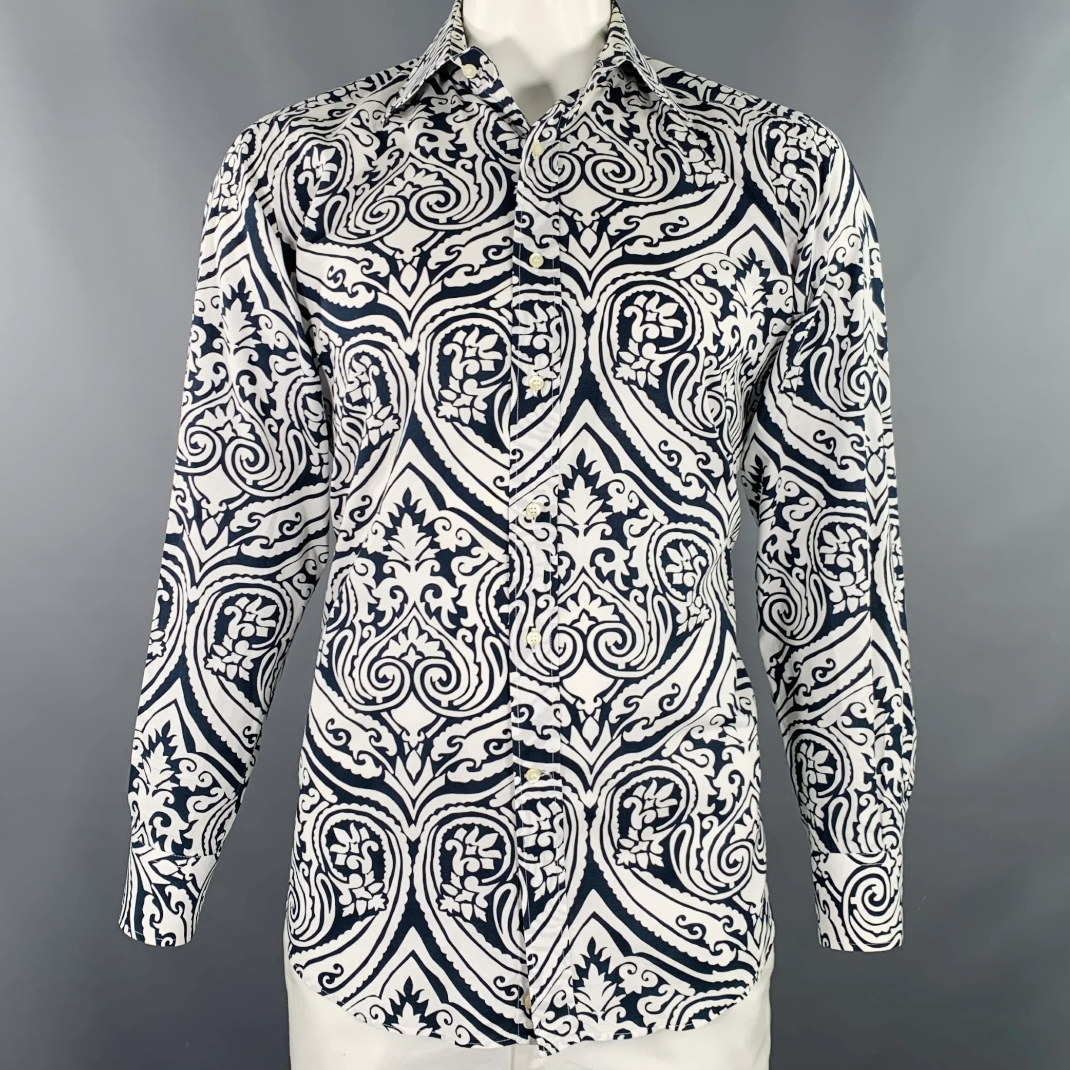 ETRO Size XXL White Navy Tapestry Cotton Long Sleeve Shirt