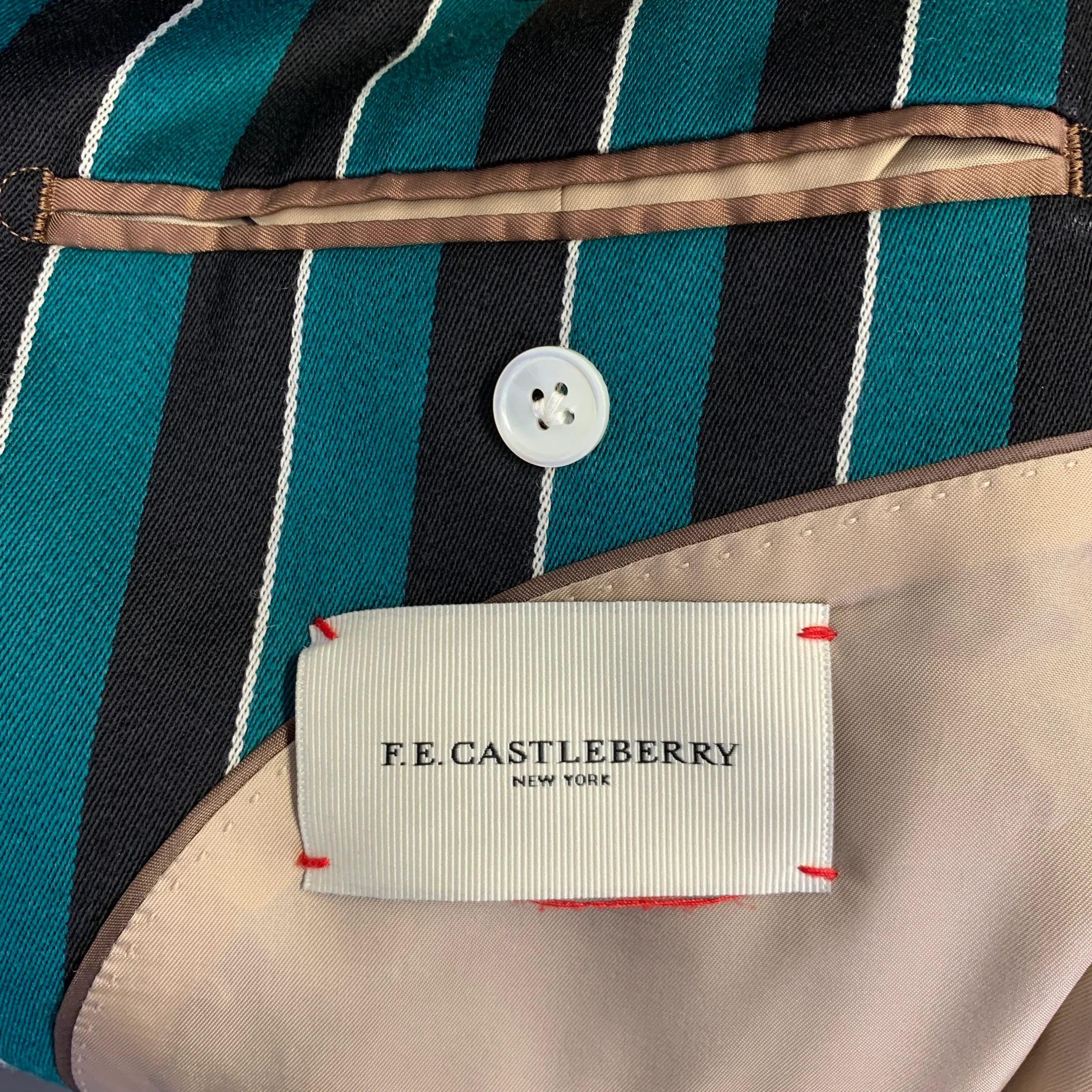 F.E. CASTLEBERRY Size 38 Green Navy Stripe Wool Blend Sport Coat - Image 6