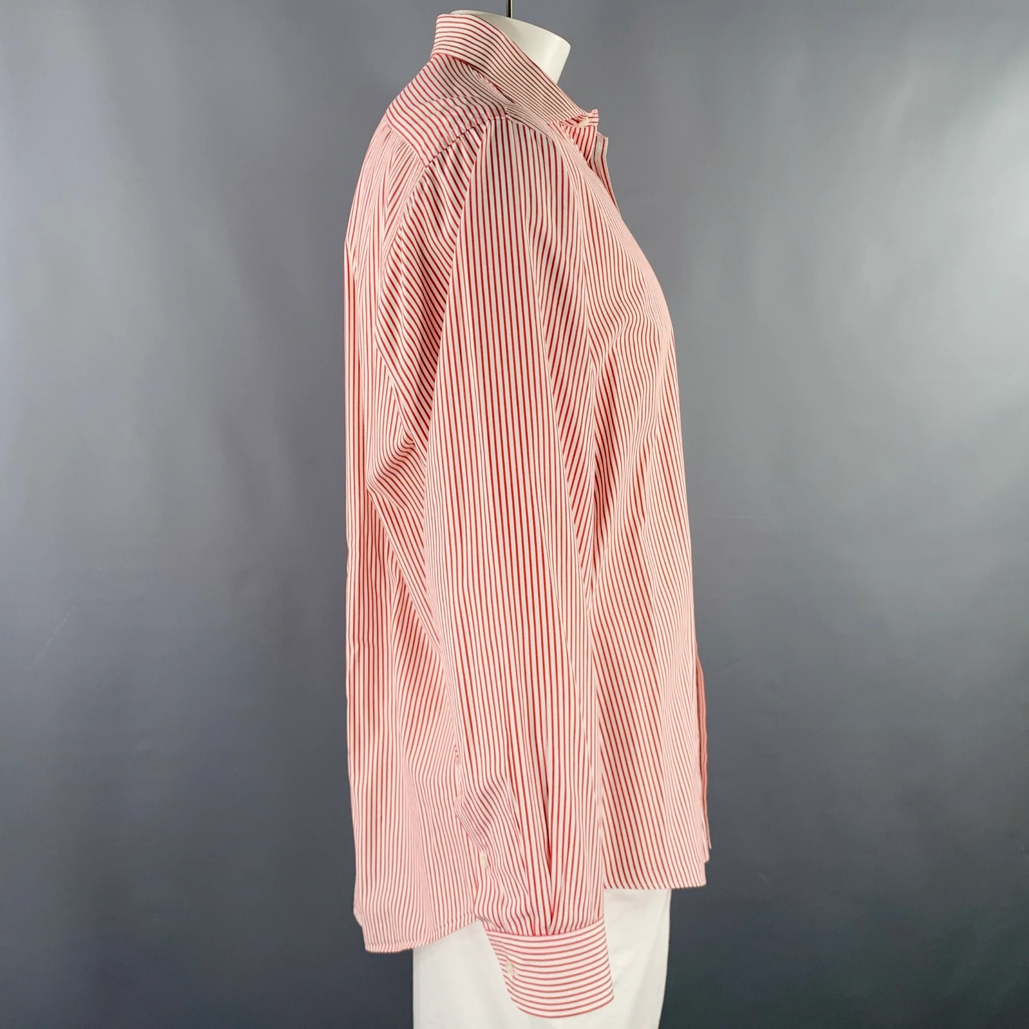 FACONNABLE Size L White Red Stripe Cotton One Pocket Long Sleeve Shirt - Image 3