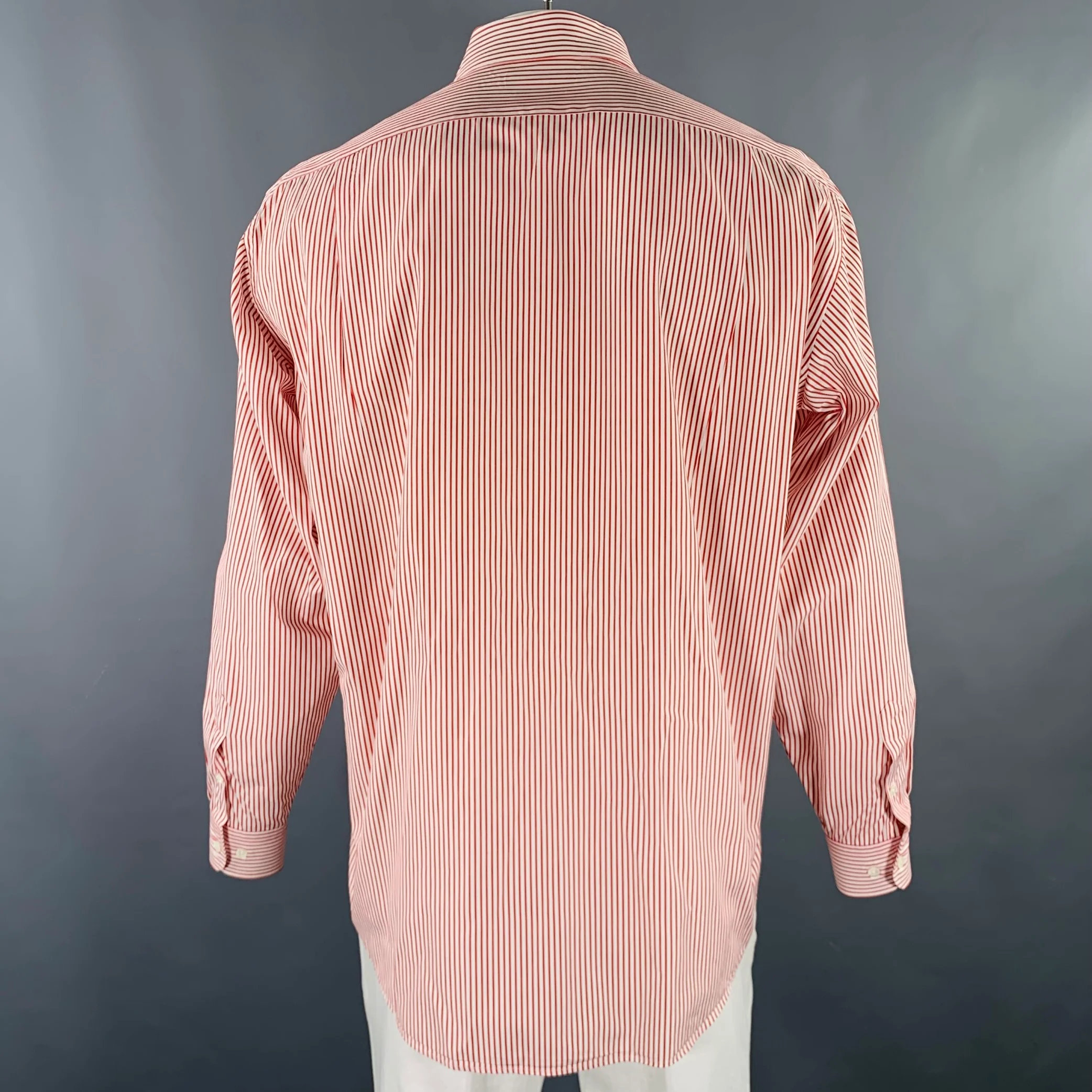 FACONNABLE Size L White Red Stripe Cotton One Pocket Long Sleeve Shirt - Image 4