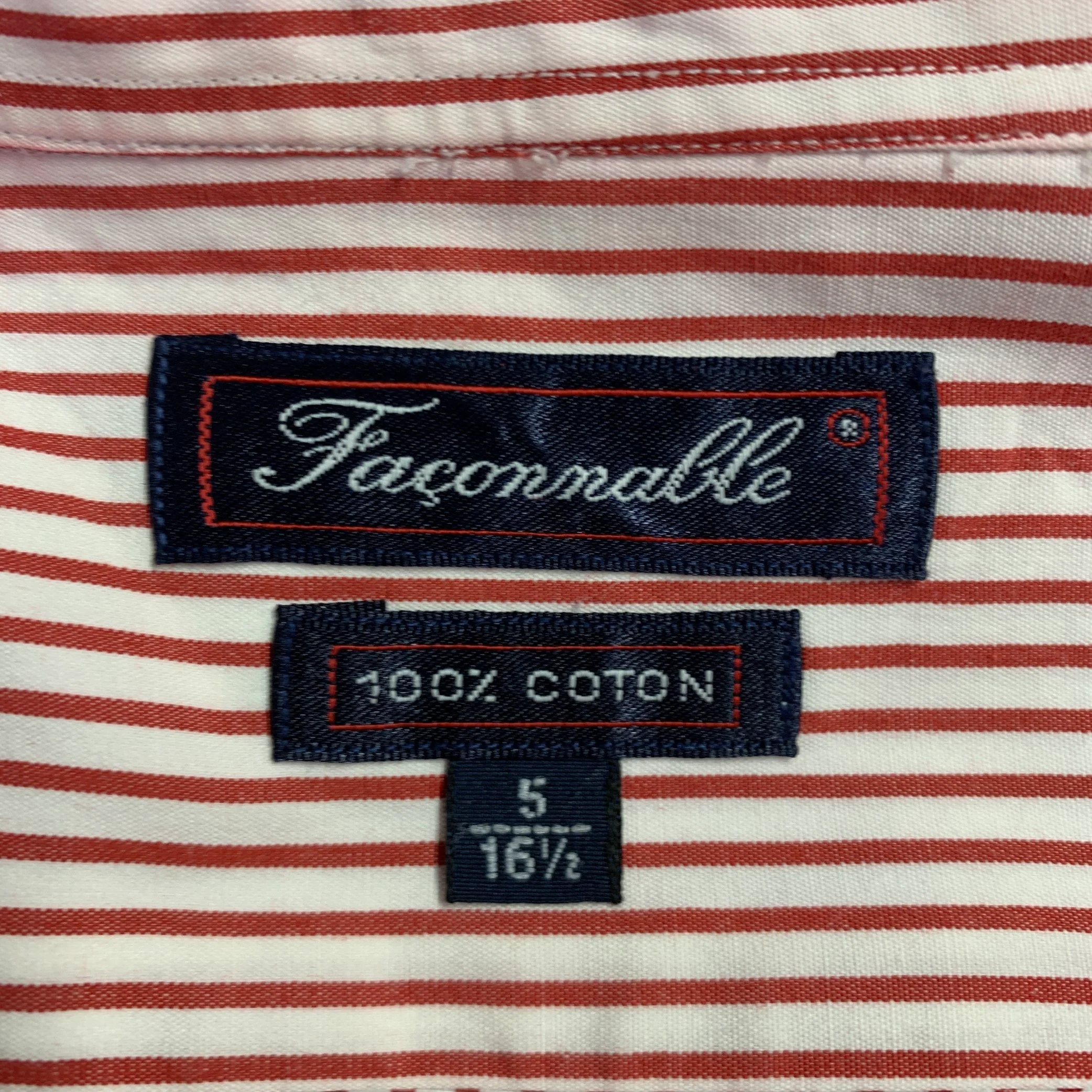 FACONNABLE Size L White Red Stripe Cotton One Pocket Long Sleeve Shirt - Image 5