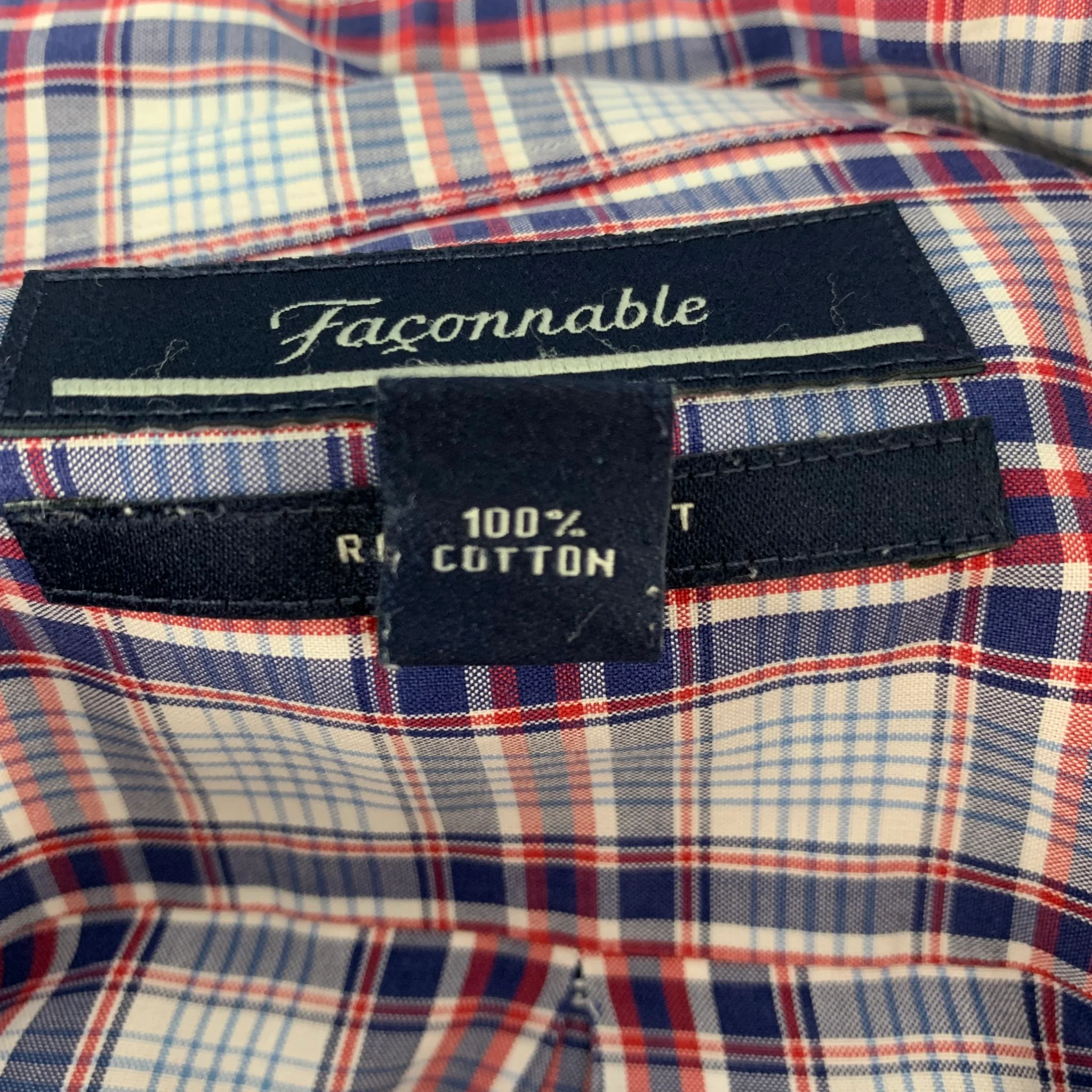FACONNABLE Size XL White Blue & Red Checkered Cotton Long Sleeve Shirt - Image 6