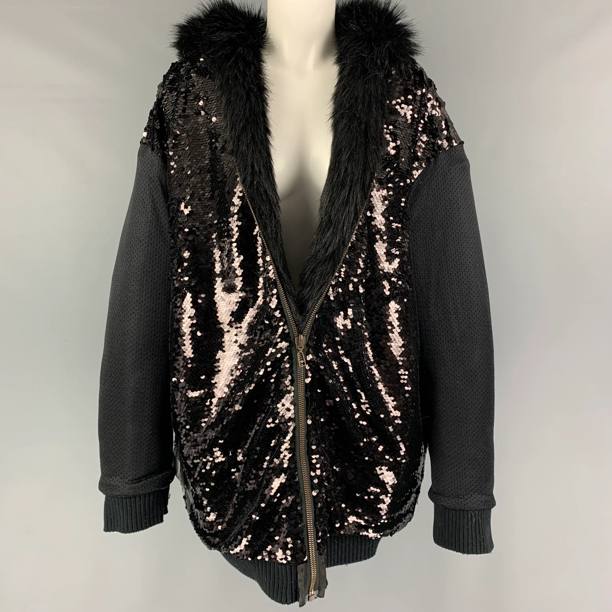 FAITH CONNEXION Size M Black Acrylic Blend Textured Faux Fur Reversible Coat