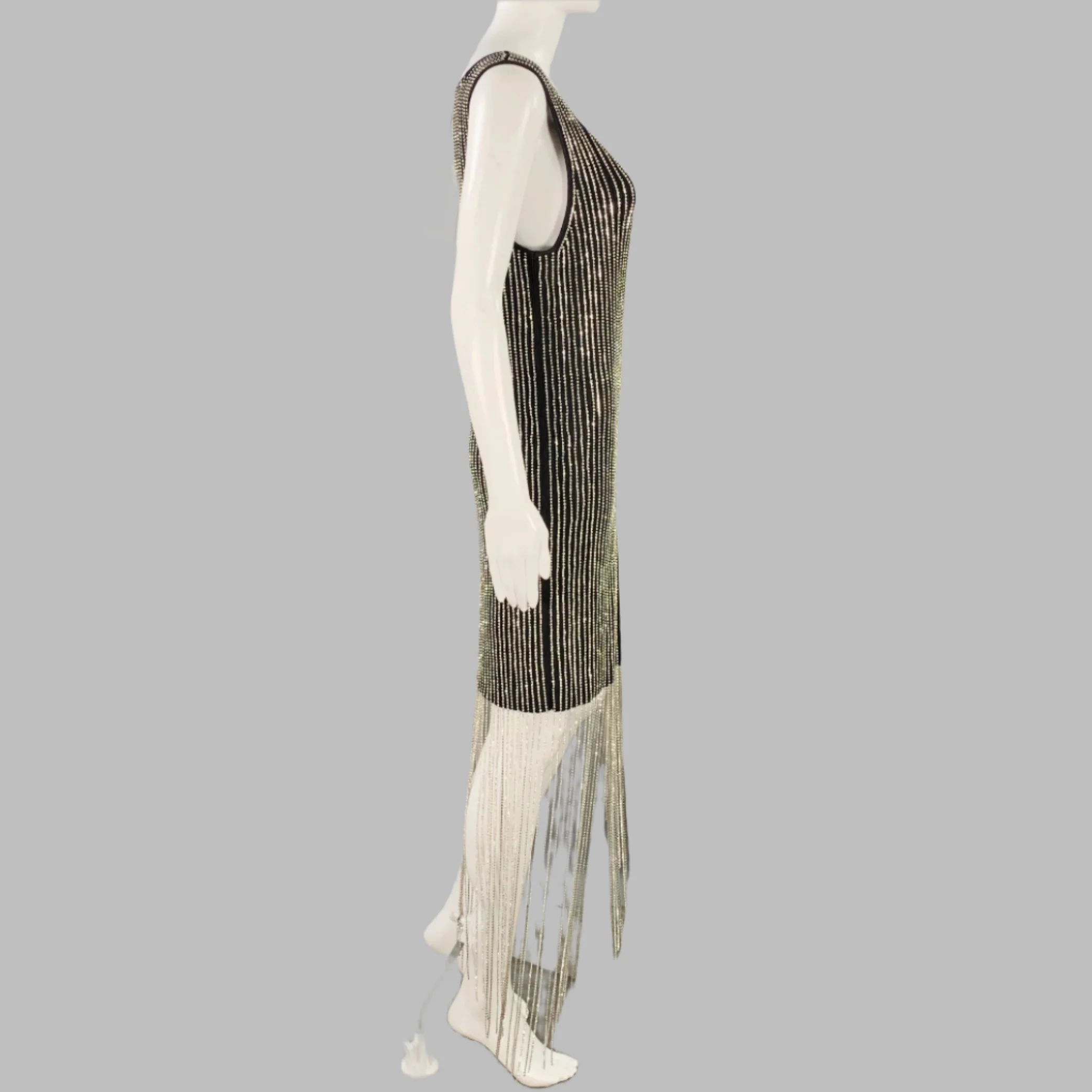 FANG Size M Asymmetrical Rhinestone Black Silver Cotton Blend Sleeveless Square Neck Cocktail Dress - Image 3