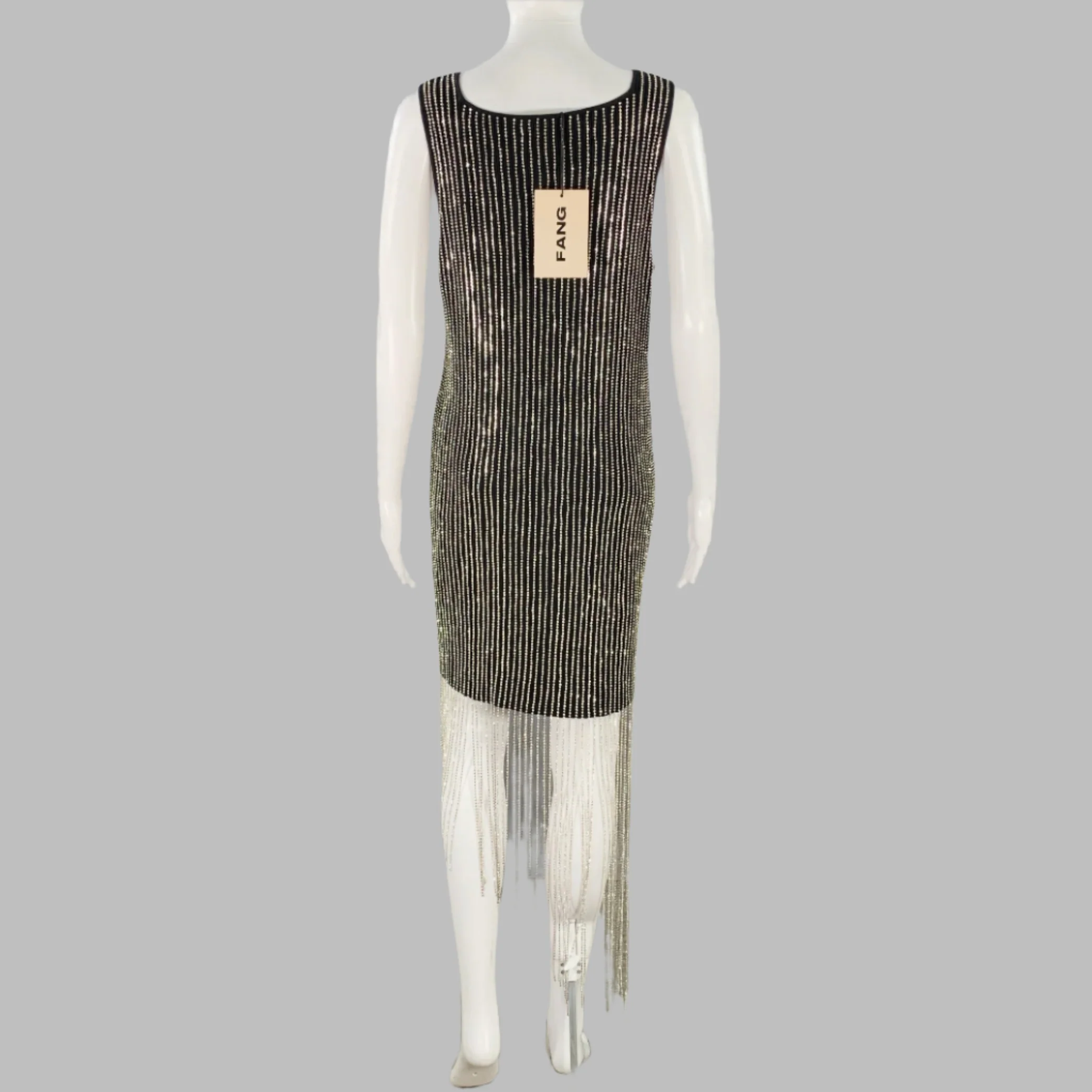 FANG Size M Asymmetrical Rhinestone Black Silver Cotton Blend Sleeveless Square Neck Cocktail Dress - Image 4