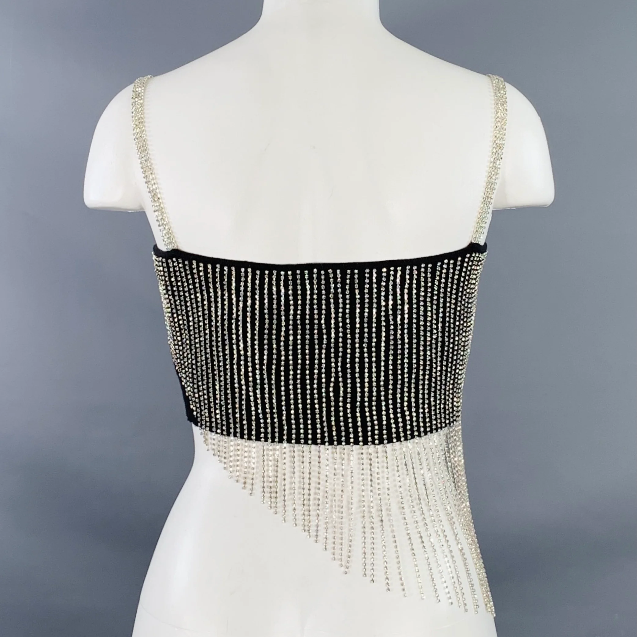 FANG Size S Asymmetrical Rhinestone Black Silver Cotton Blend Fringe Cropped Dress Top - Image 4