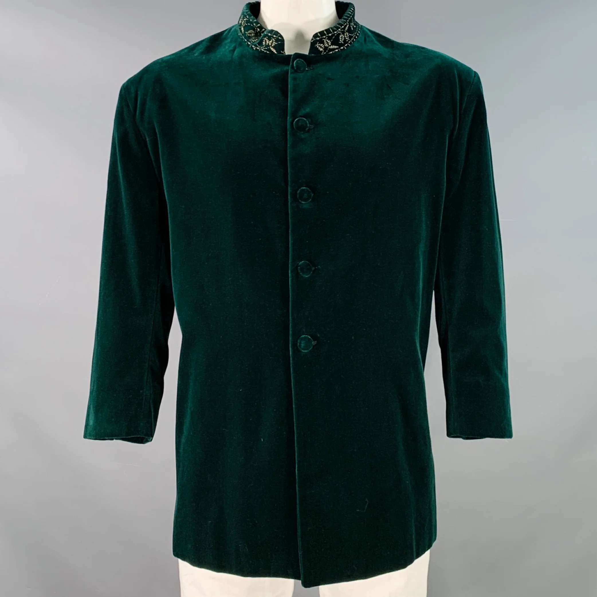 FAVOURBROOK Size 48 Green Velvet Cotton Embroidered Nehru Collar Sport Coat