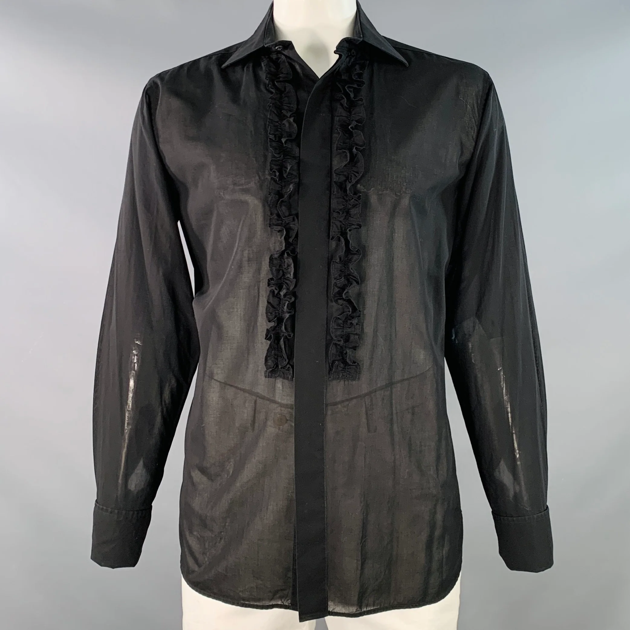 FAVOURBROOK Size L Black Ruffled Cotton French Cuff Hidden Buttons Long Sleeve Shirt