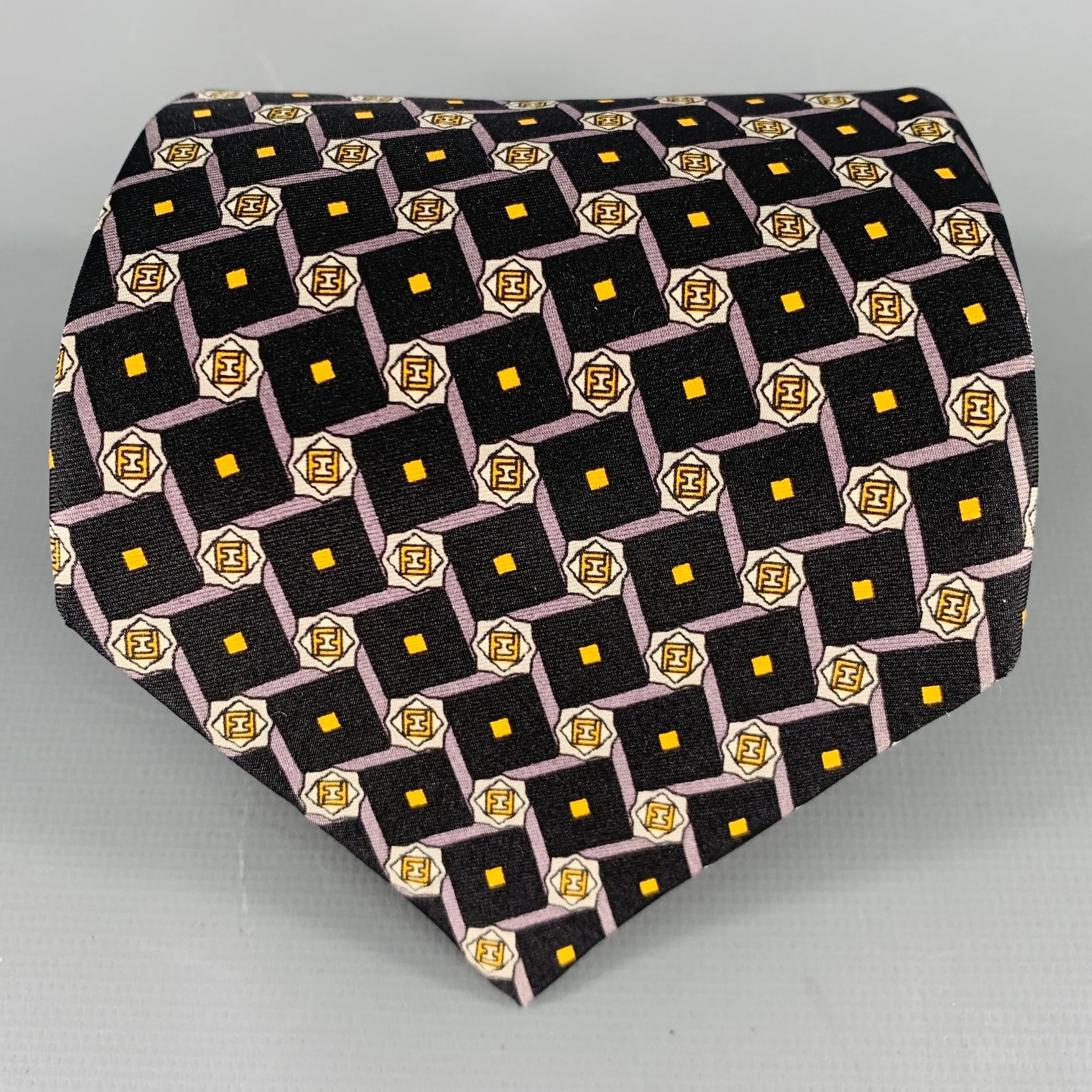 FENDI Black Yellow Monogram Silk Tie