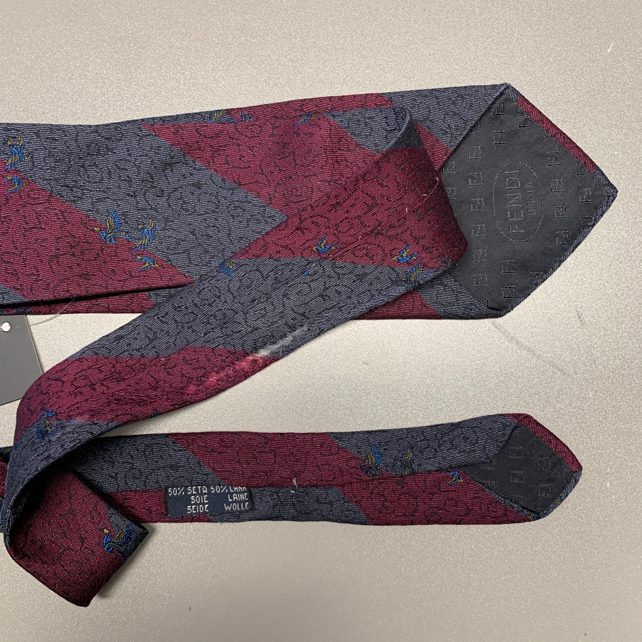 FENDI Burgundy Grey Diagonal Stripe Silk Tie - Image 4
