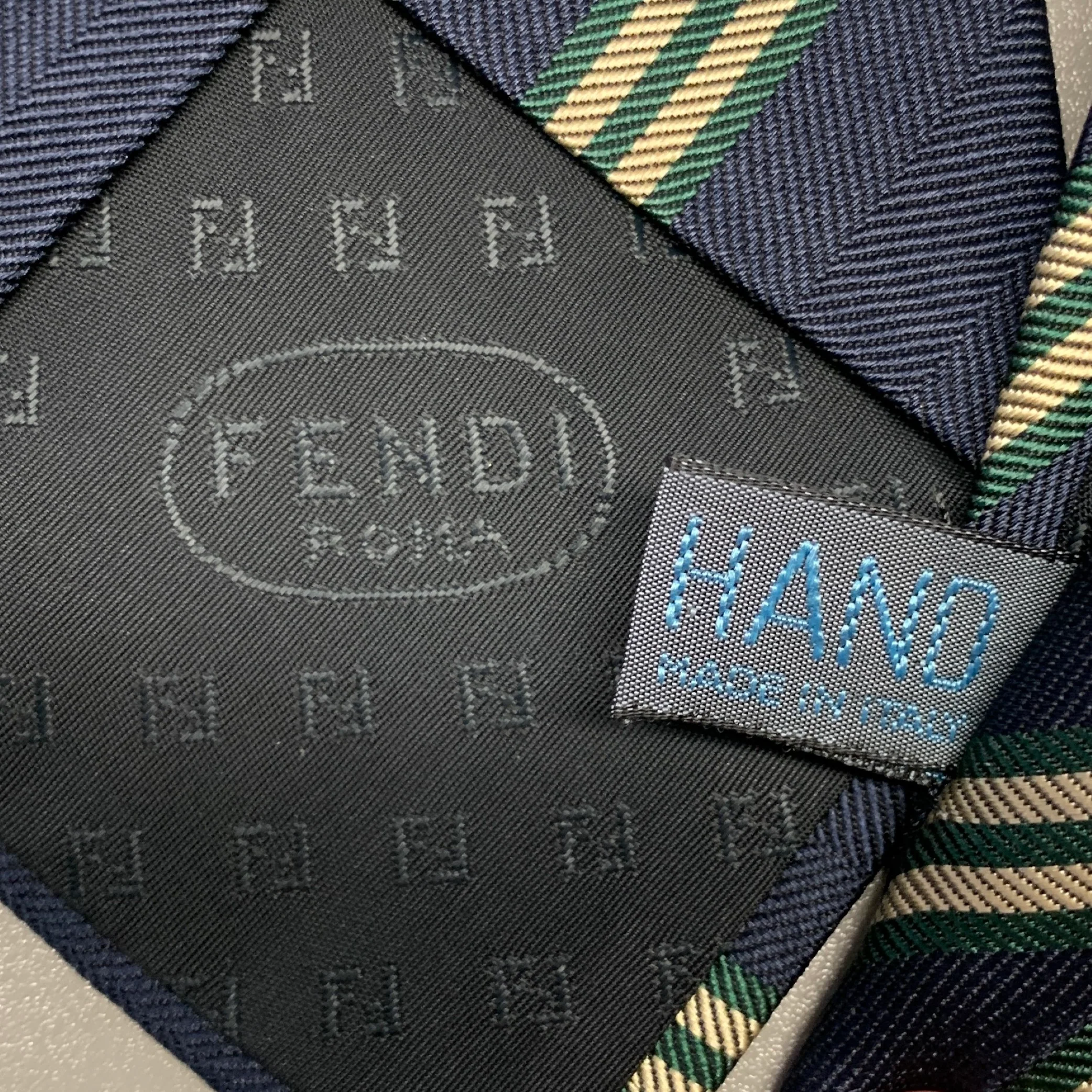 FENDI Navy Gold Diagonal Stripe Silk Tie - Image 4