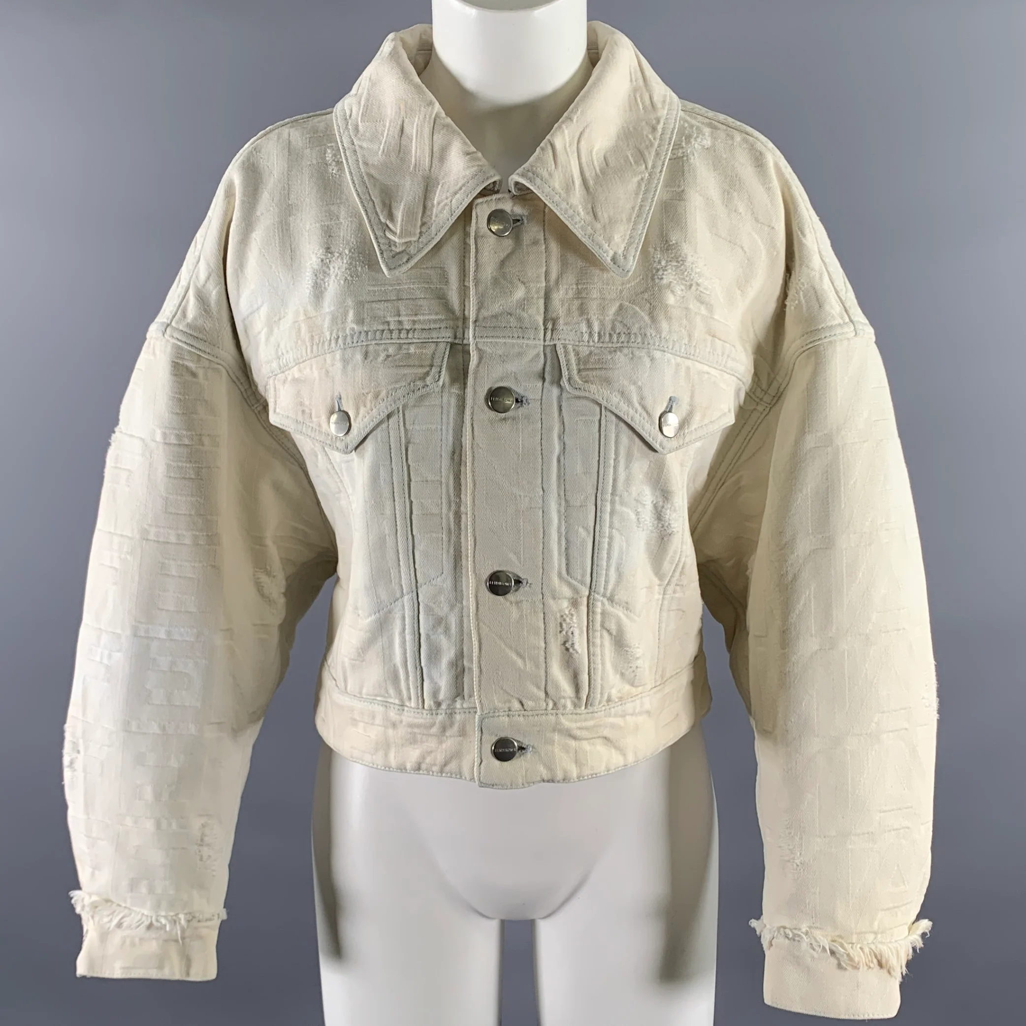 FENDI Size 0 Cream Silver Cotton Monogram Trucker Jacket