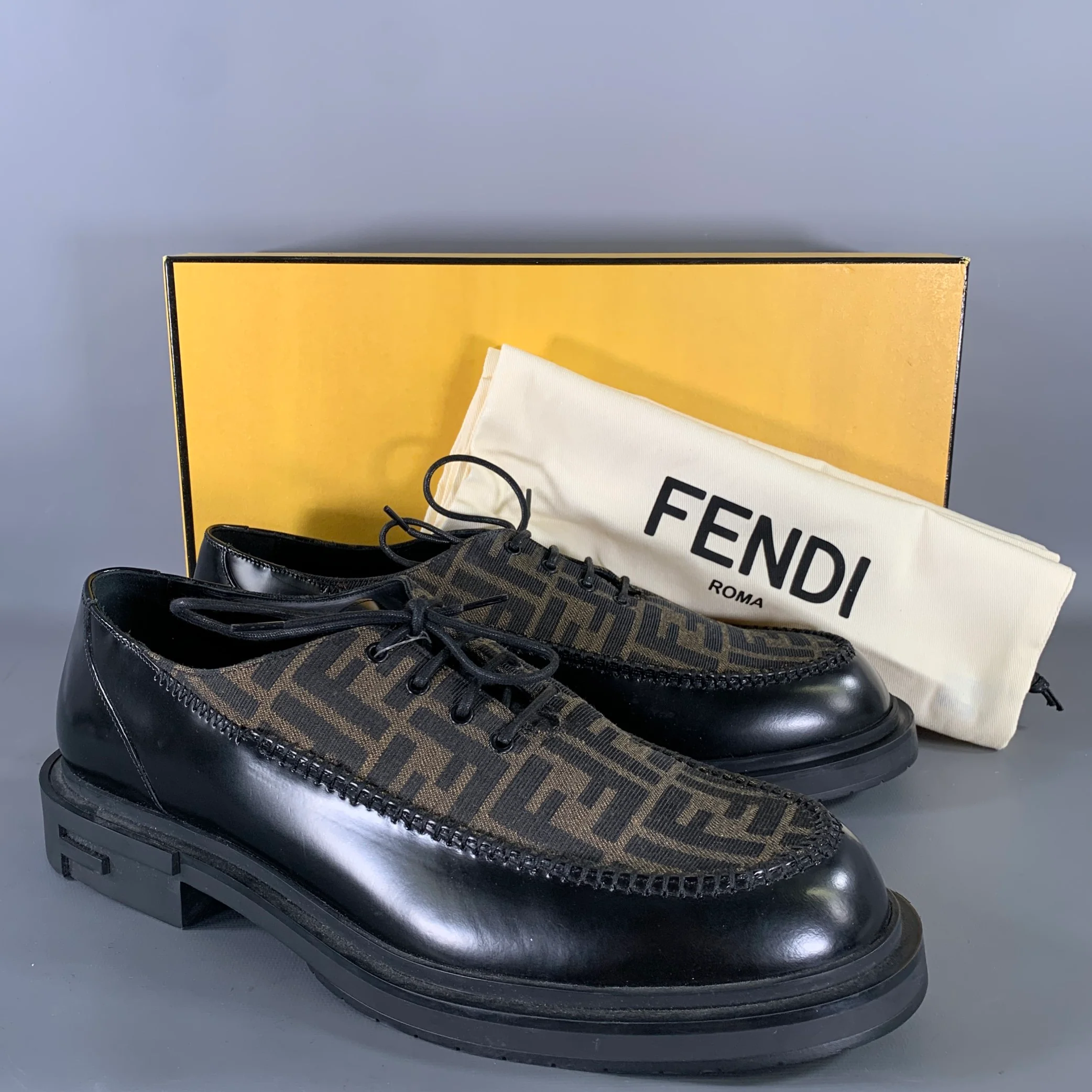 FENDI Size 10 Black Brown Monogram Leather Lace Up Shoes - Image 10