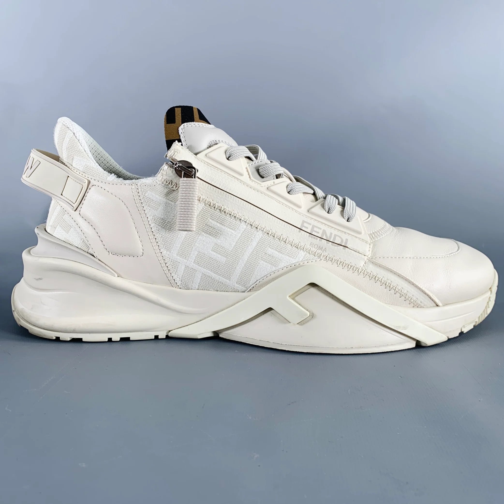 FENDI Size 11 White Off-White Leather Lace Up Zipper Flow Sneakers - Image 2