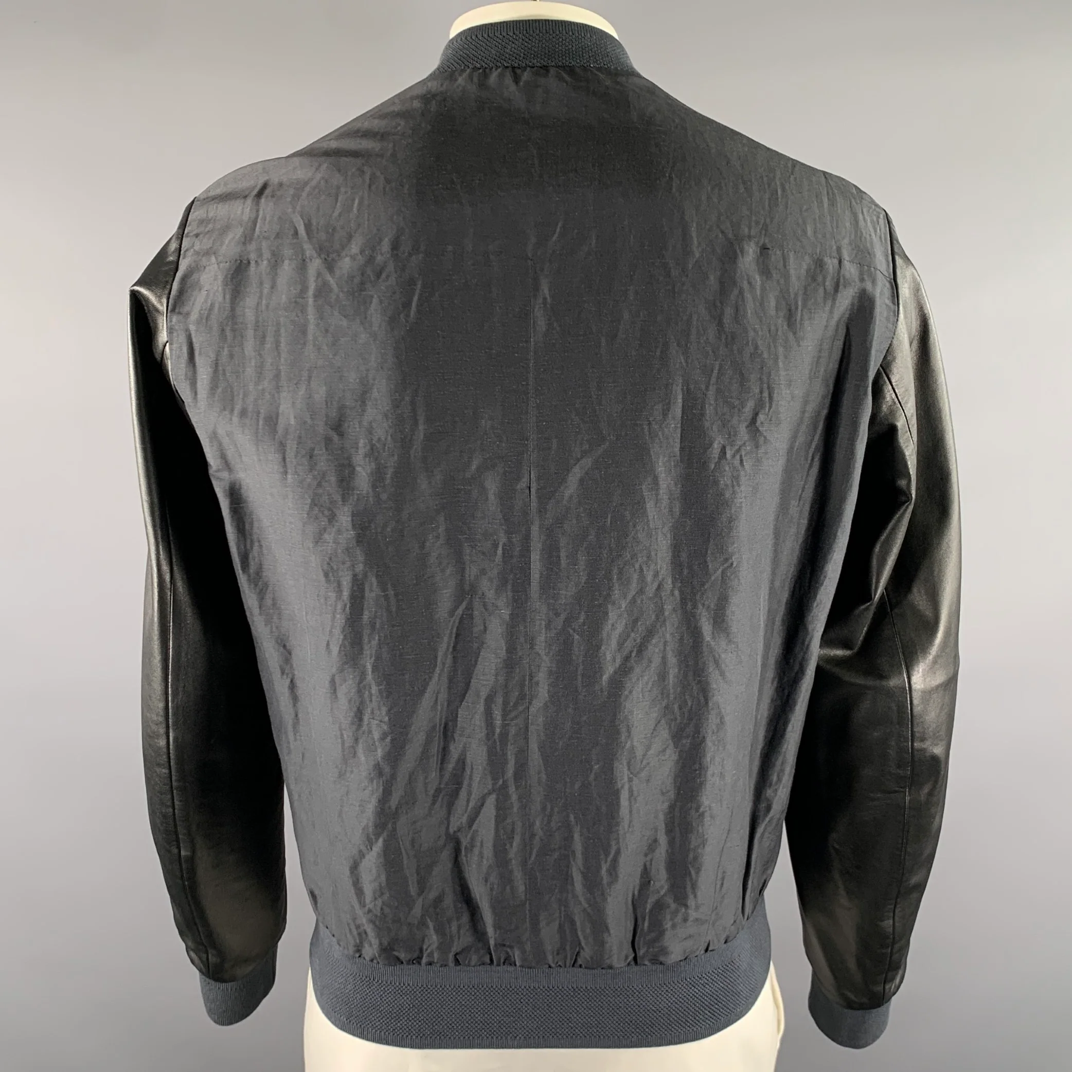 FENDI Size 44 Black Navy Linen Silk Leather Bomber Jacket - Image 4