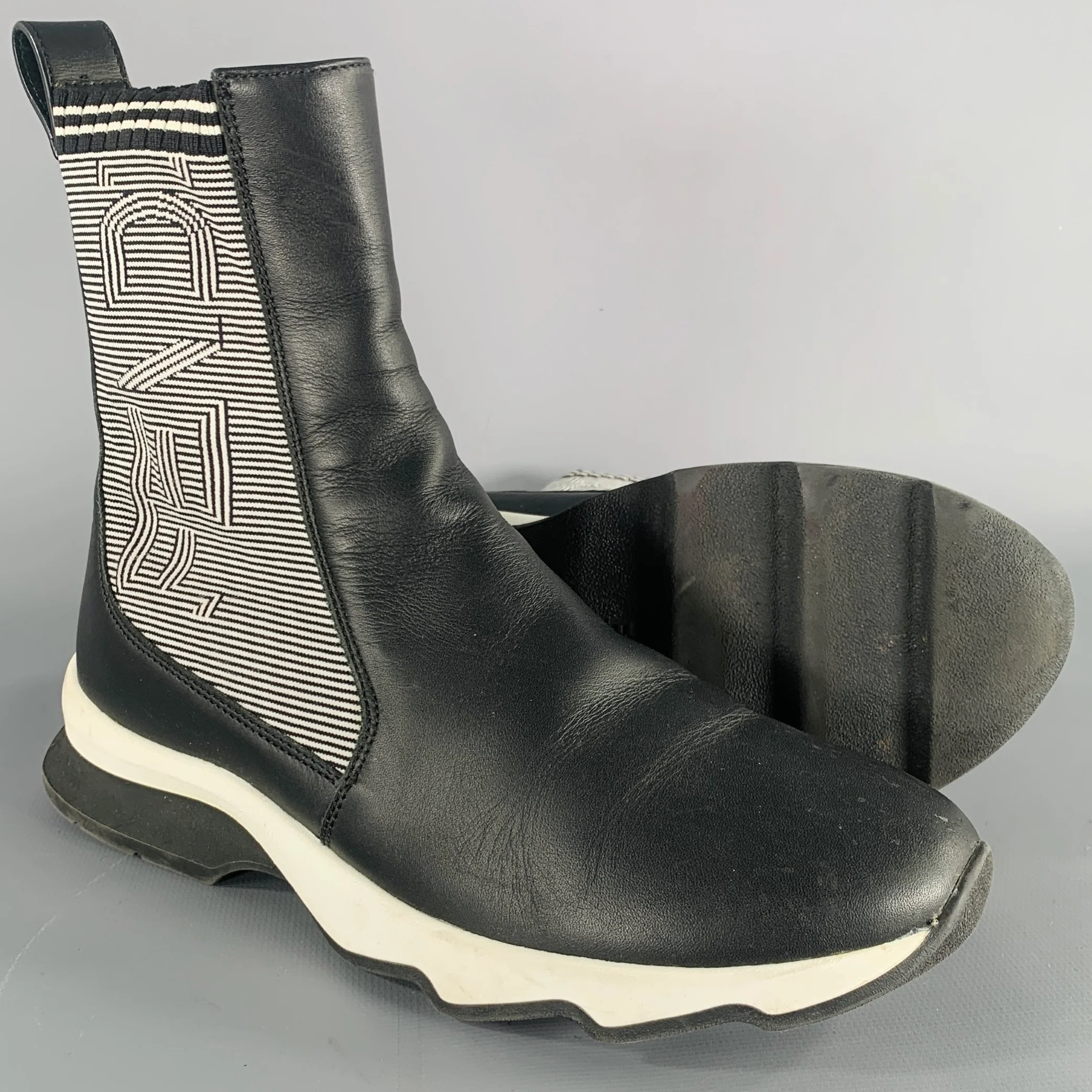 FENDI Size 6 Black White Leather Knit Sock Boots - Image 5