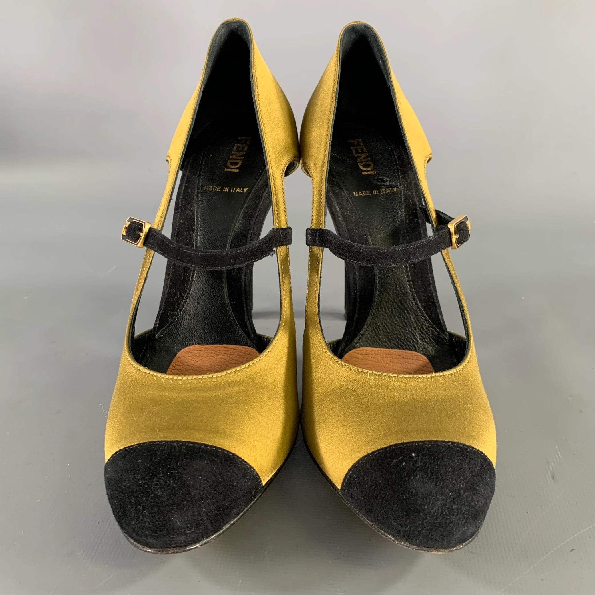 FENDI Size 7.5 Gold Black Satin Mary Jane Pumps - Image 4