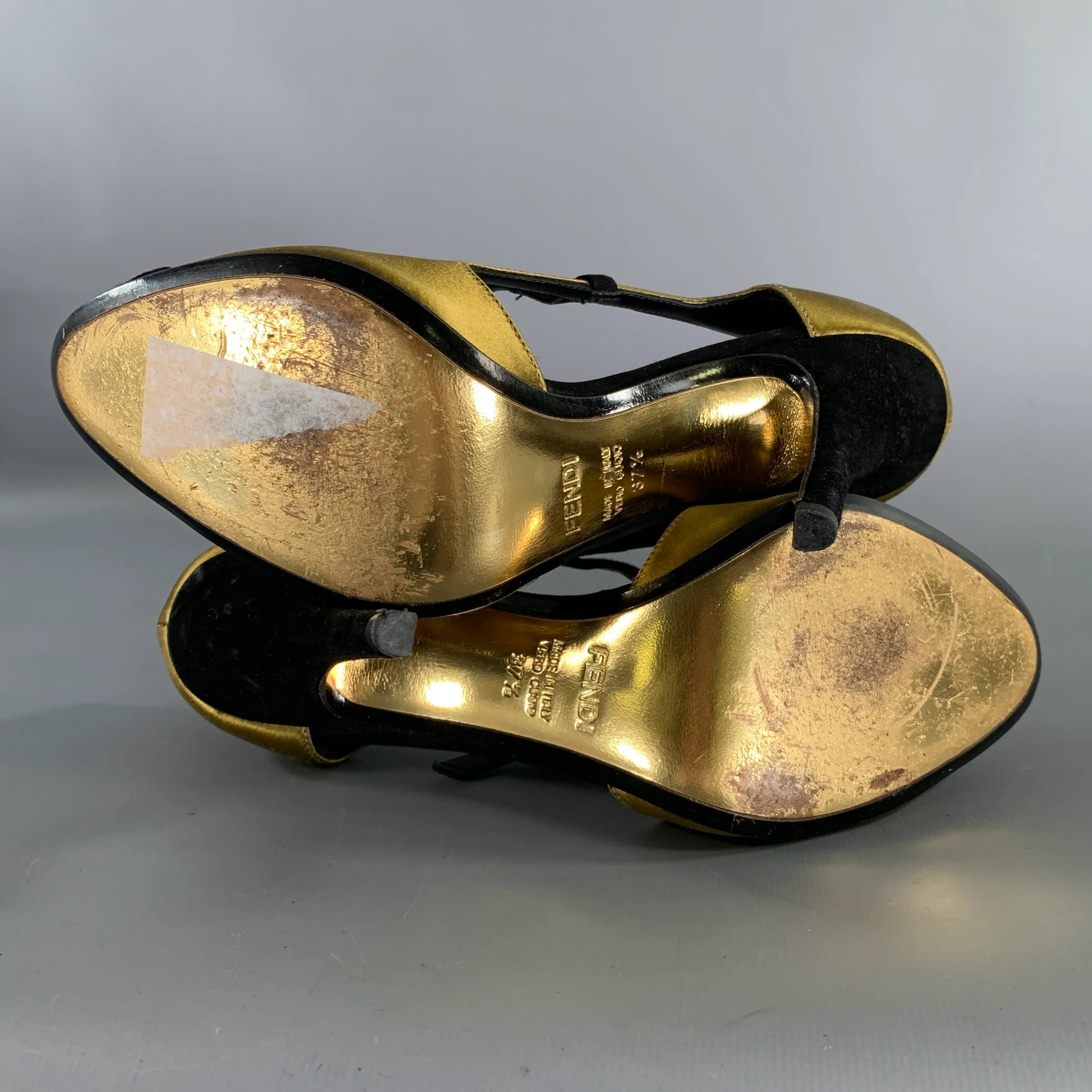 FENDI Size 7.5 Gold Black Satin Mary Jane Pumps - Image 6