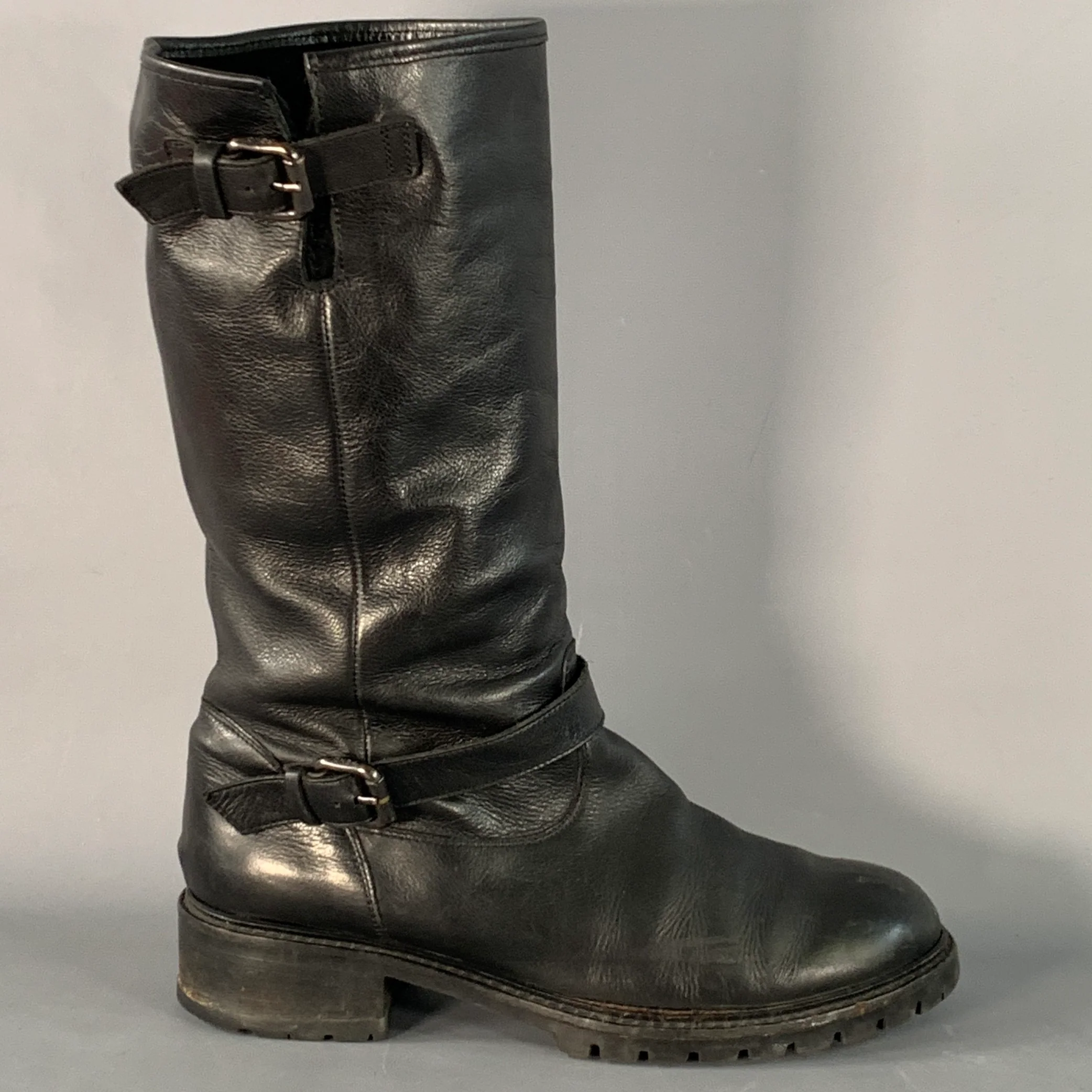 FENDI Size 9 Black Leather Shearling Lined Pull On Buckle Boots - Image 2