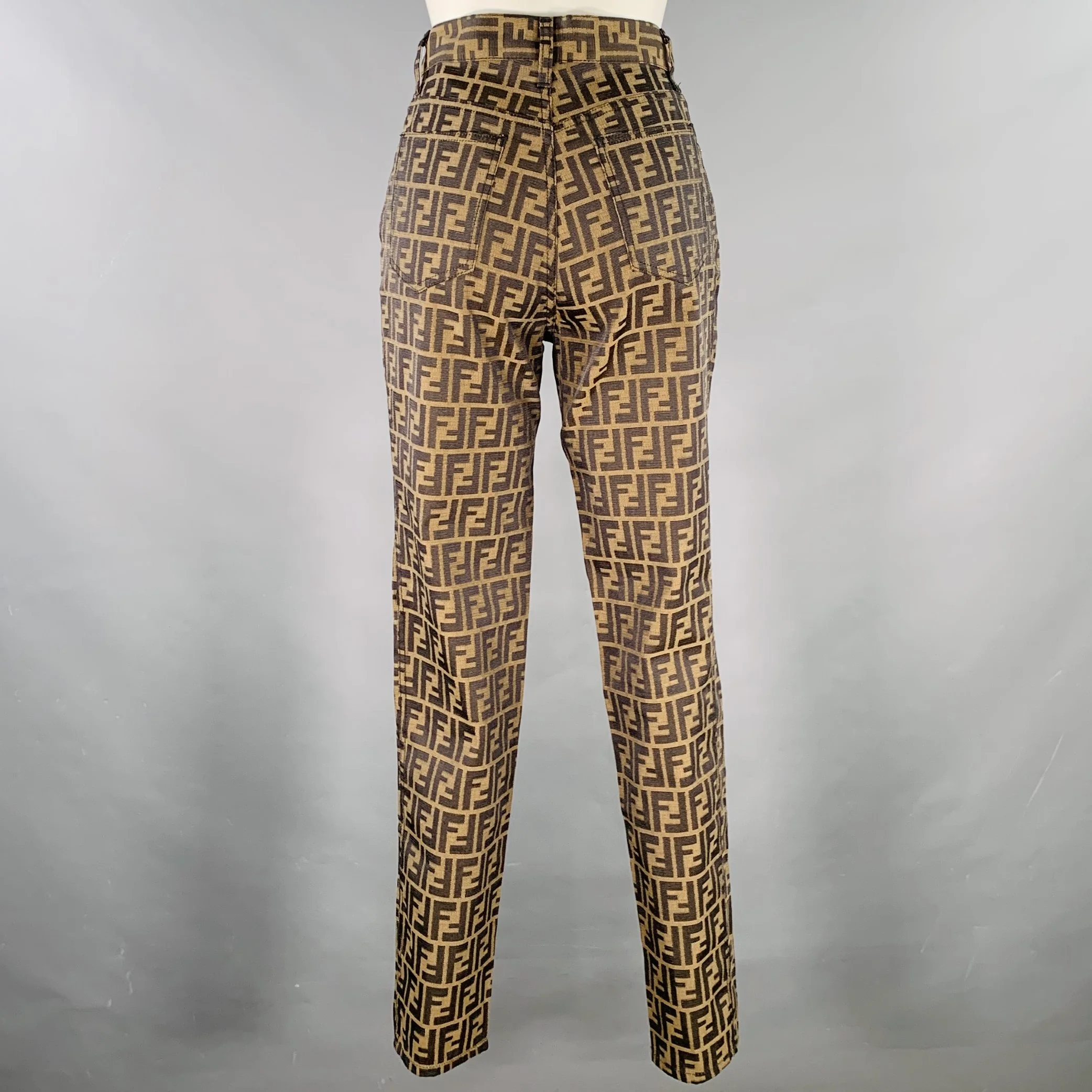 FENDI Size XS Brown Black Polyester Cotton Zucca Monogram High Waisted Jeans - Image 2