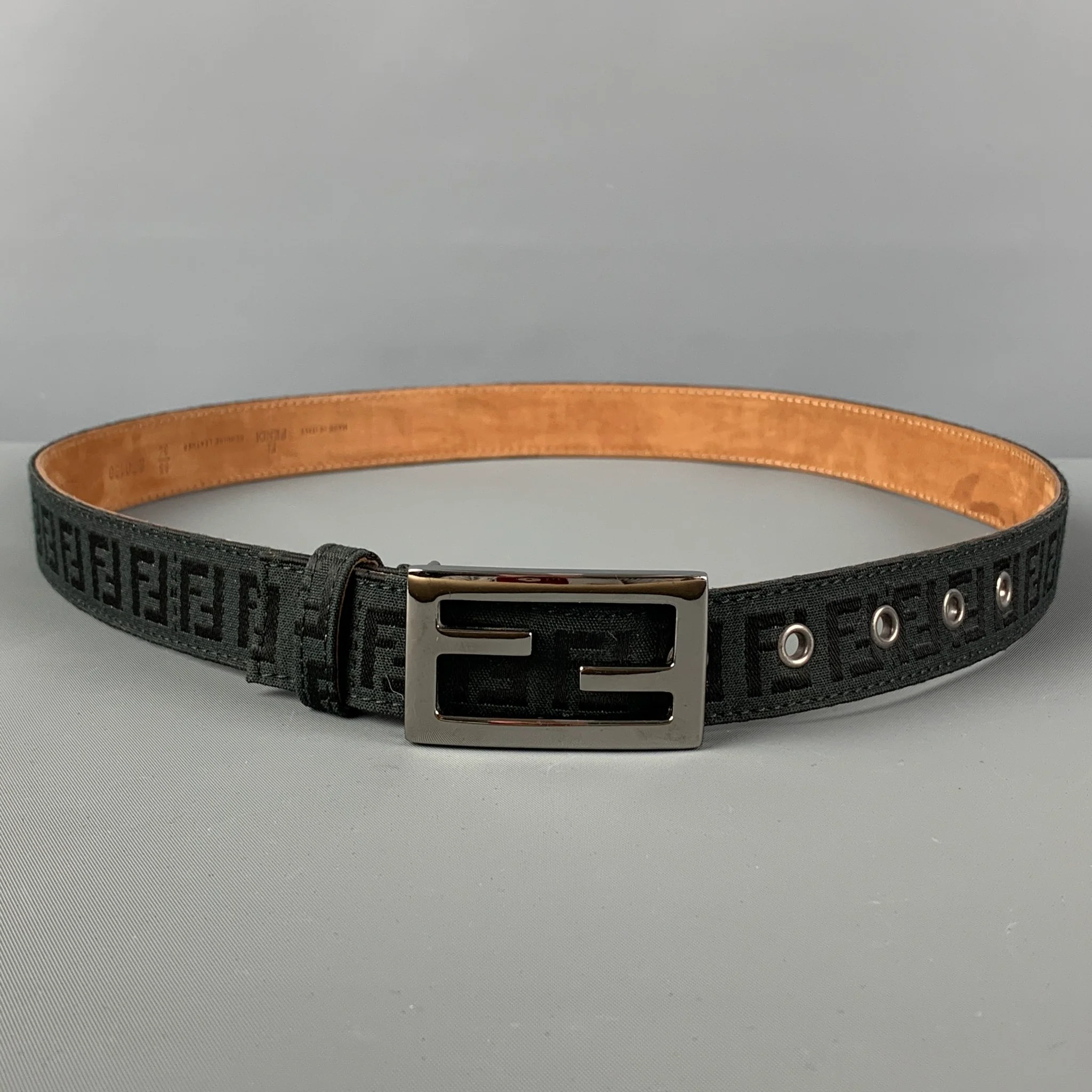 FENDI Waist Size M Black Monogram Canvas Leather Belt