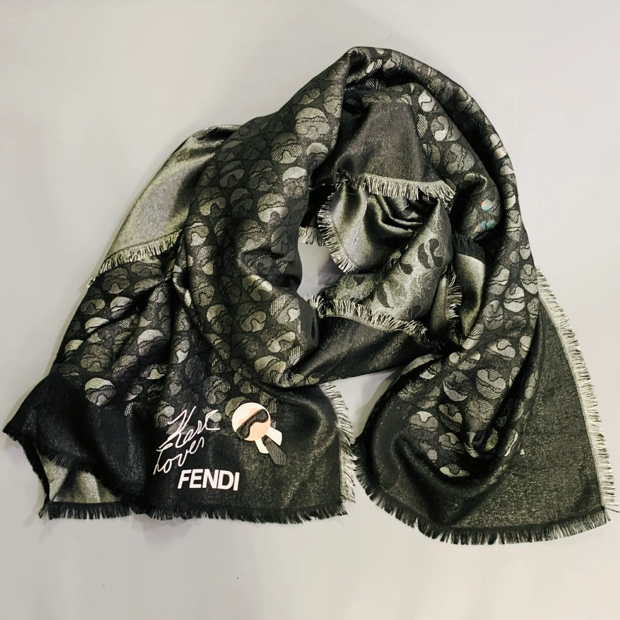 FENDI x KARL LAGERFELD Karl Lover Silver Black Silk Wool Scarf Shawl