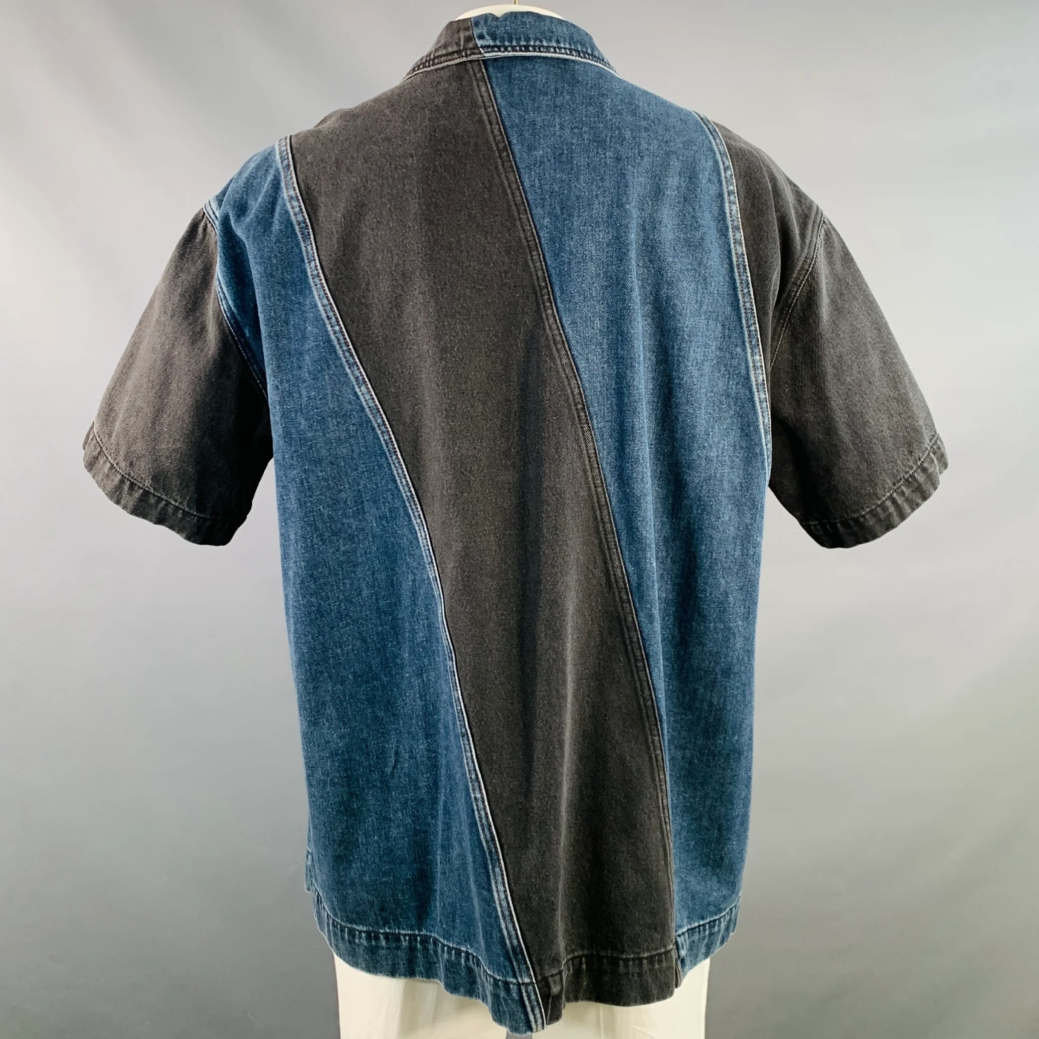 FENG CHEN WANG Size XL Black Indigo Patchwork Cotton Short Sleeve Shirt - Image 3