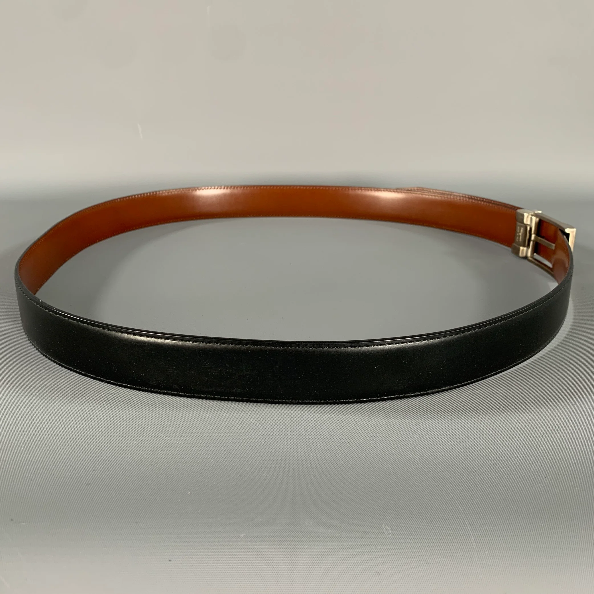 FERRAGAMO Black Brown Silver Leather Belt - Image 2