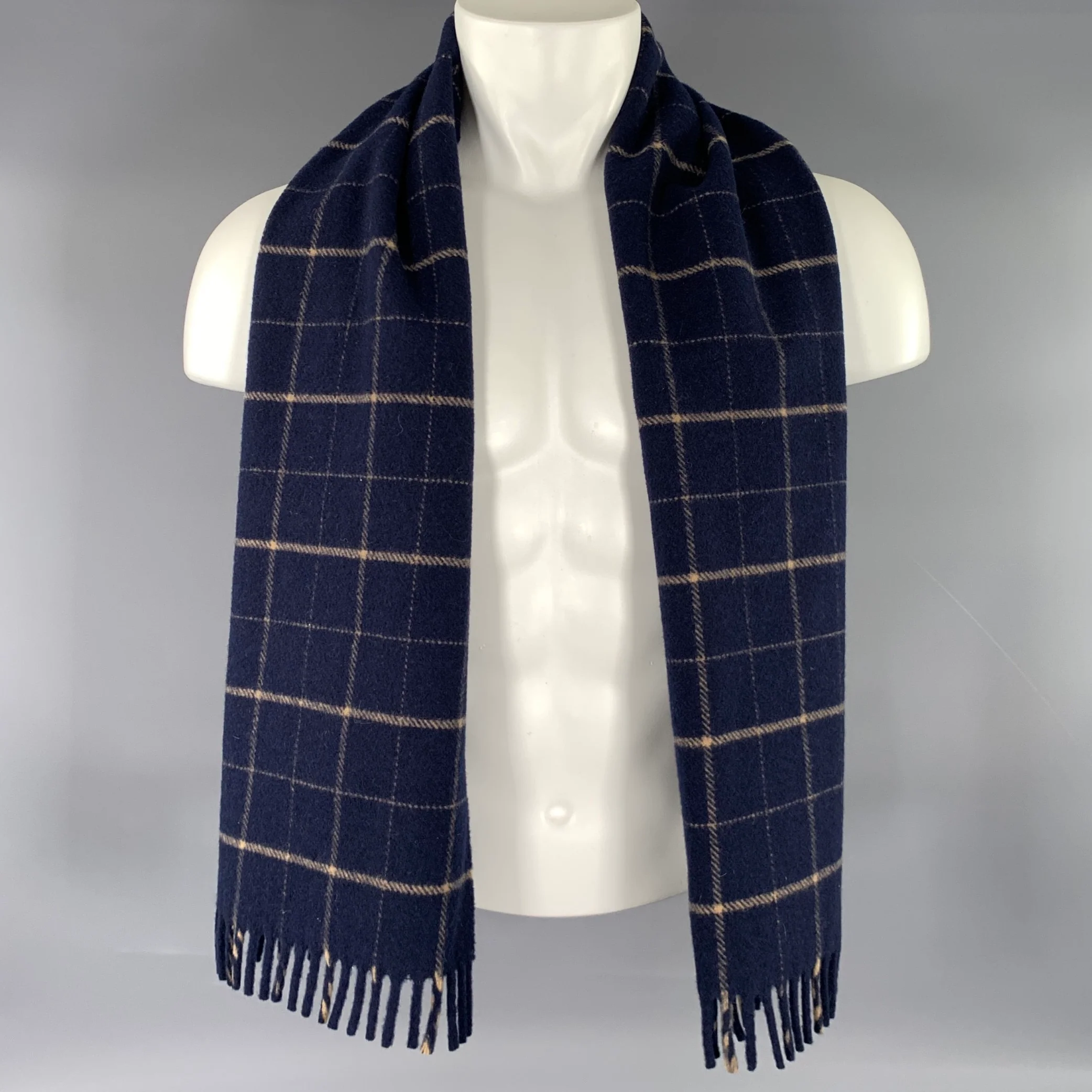 FILSON GARMENT Navy Tan Plaid Virgin Wool Scarves