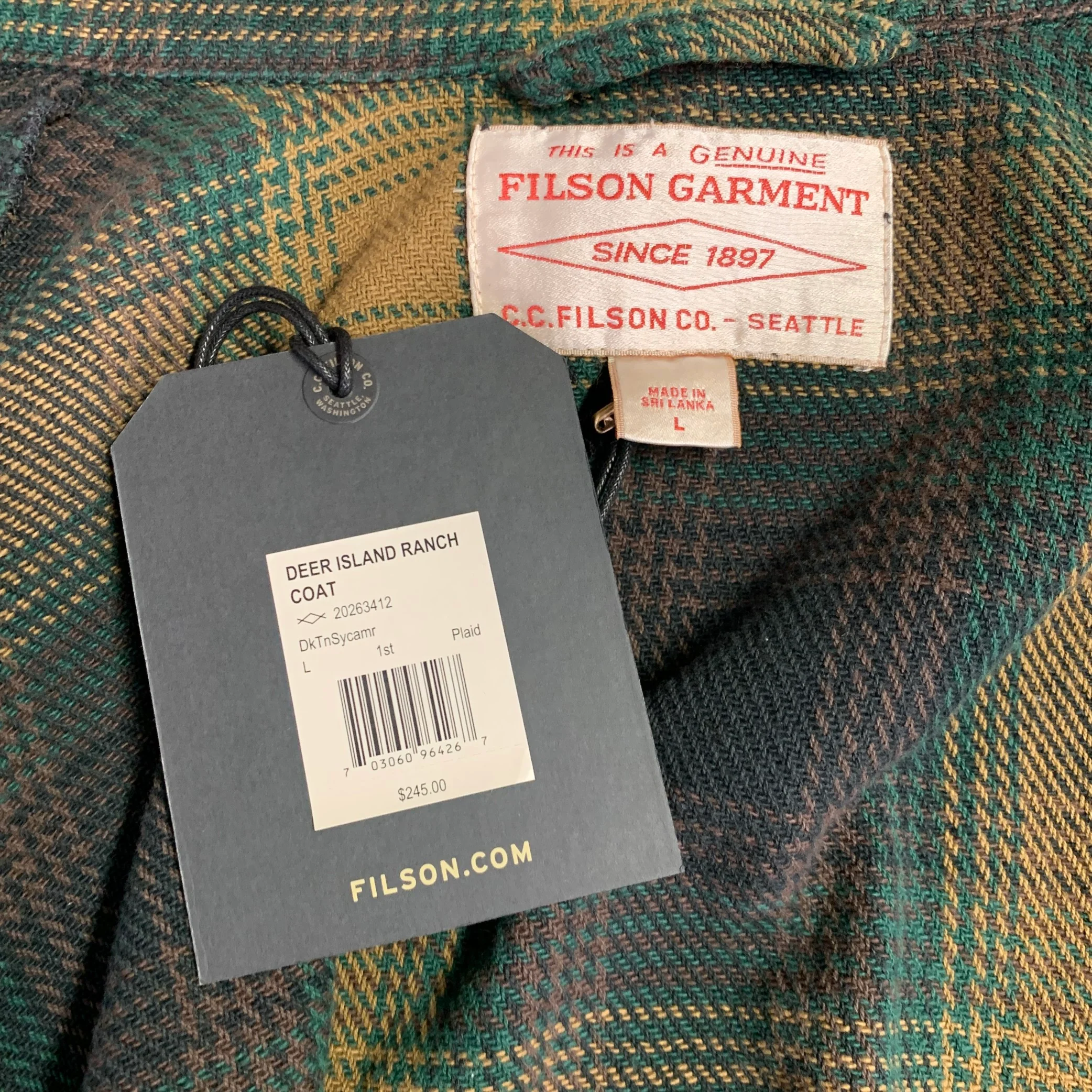 FILSON Size L Deer Island Ranch Green Olive Plaid Cotton Shirt Jacket - Image 4