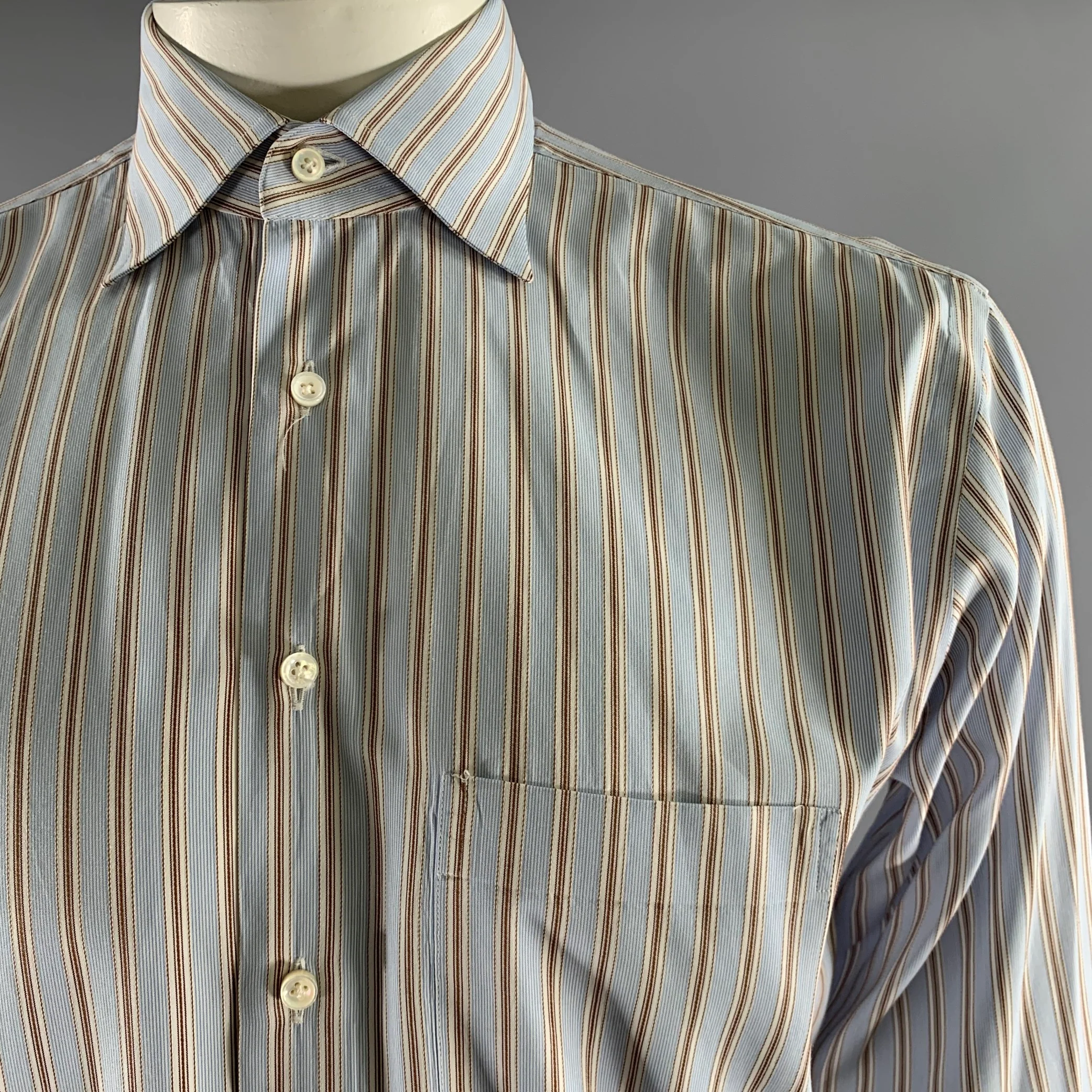 FINAMORE Size XL Blue White Brown Stripe Cotton Long Sleeve Shirt - Image 2
