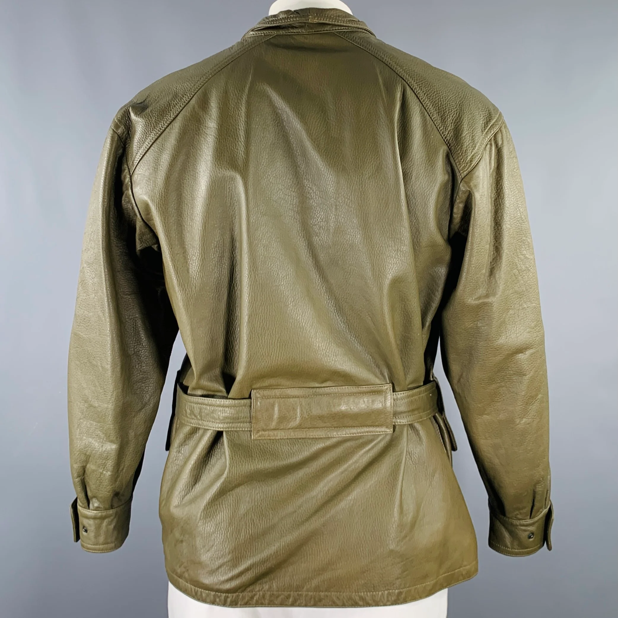 FIOCCHI Size 44 Green Leather Belted Zip Up Jacket - Image 3