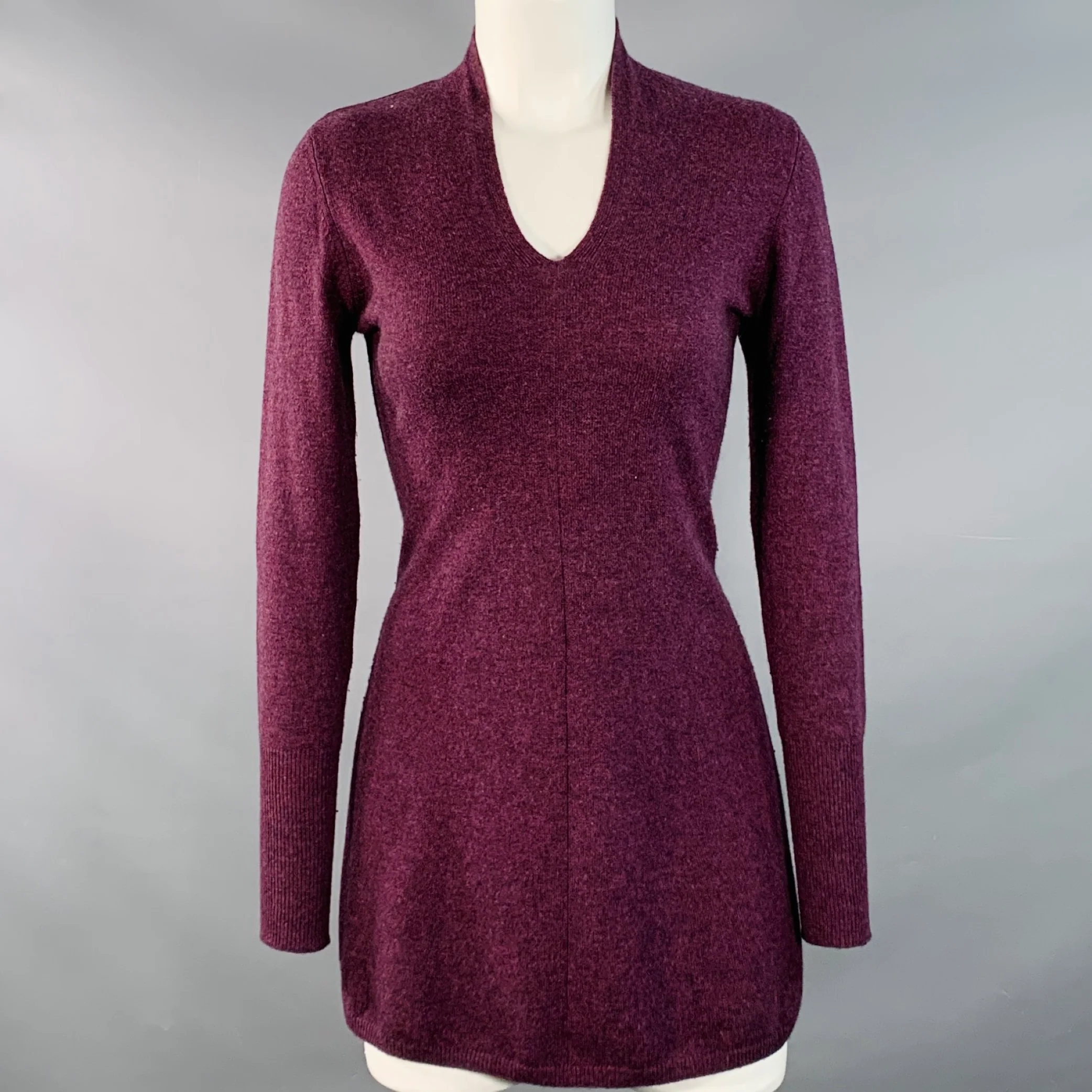 FORTE Size XS Purple Maroon Melange Cashmere V-Neck Mini Sweater Dress