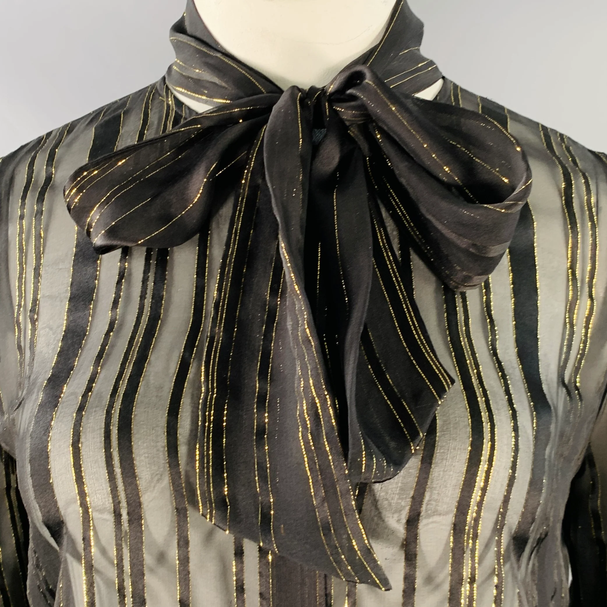 FRAME Size L Black Gold Metallic Stripe Bow Button Up Blouse - Image 2