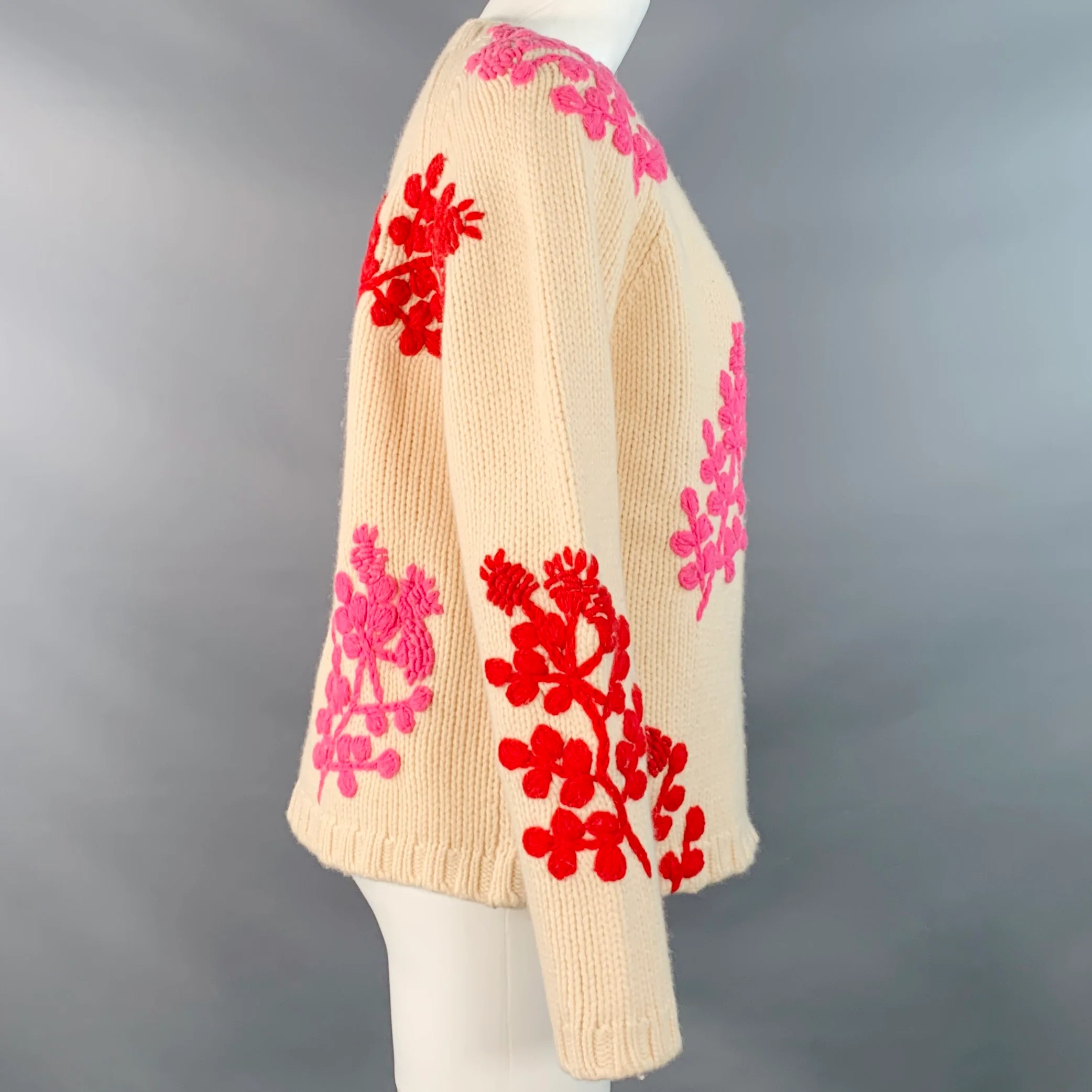 FRANCES VALENTINE Size M Beige Red Pink Lambswool Knit Floral Cardigan - Image 4
