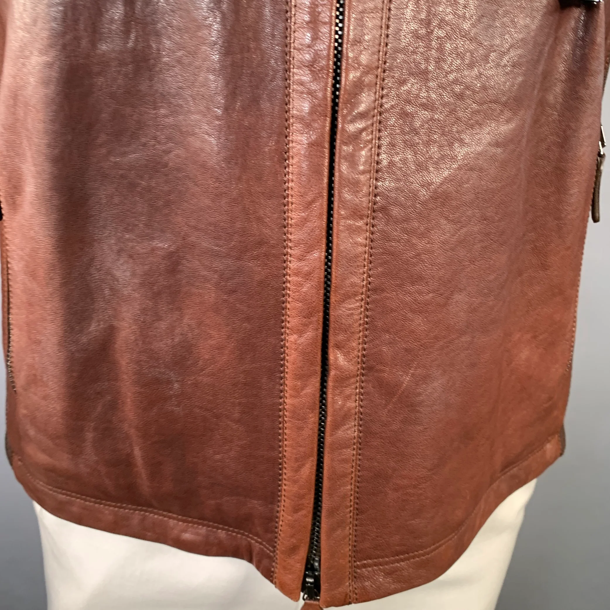 FRATELLI ROSSETTI Size 42 Brown Leather Zip Pockets Jacket - Image 4