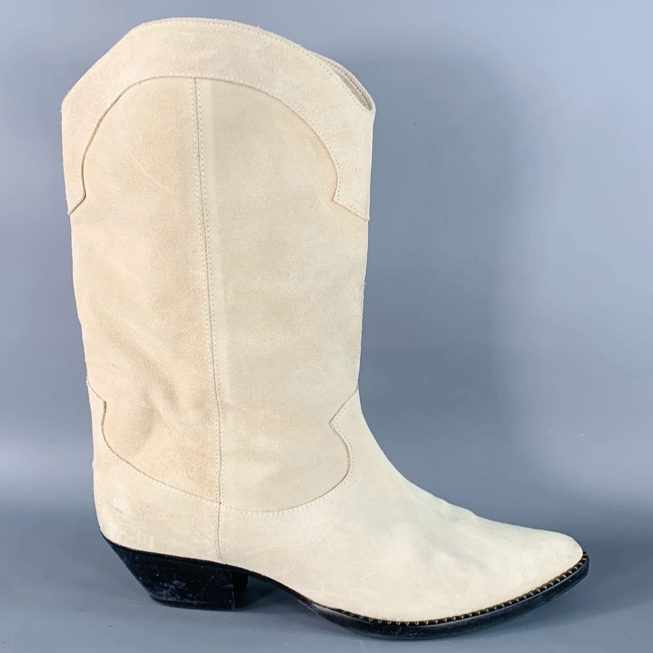FREDA SALVADOR Size 9.5 Beige Stone Suede Stacked Heel Western Boots - Image 2