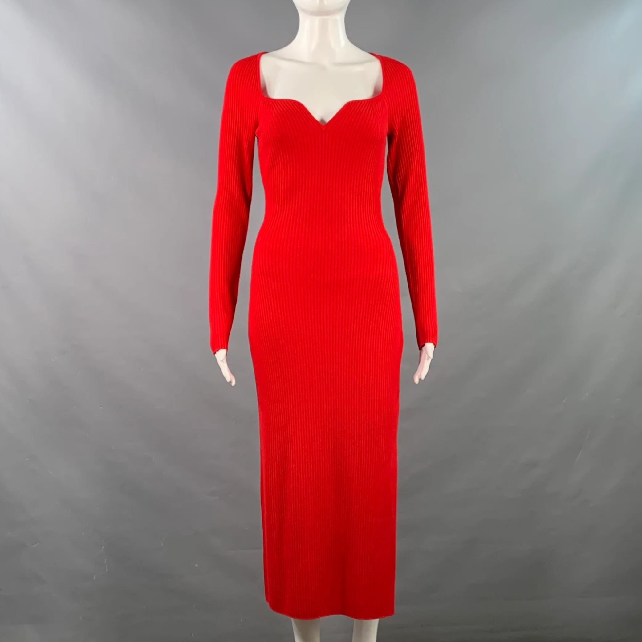 FROM FUTURE Size S Red Merino Wool Rib Knit Sweetheart Long Sleeve Midi Dress